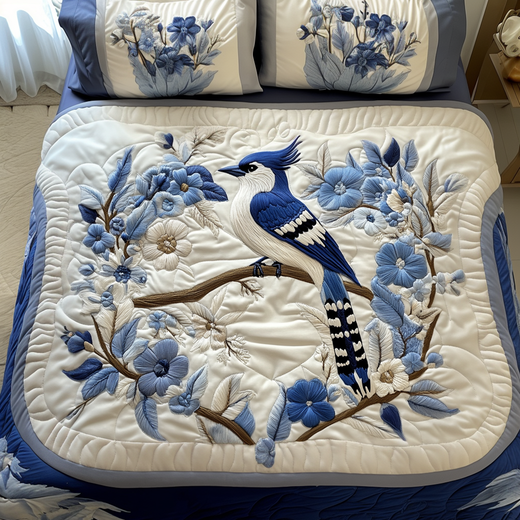 Blue Whisper Quilted Bedding Set Bed Room Decoration Bird Gift Ideas