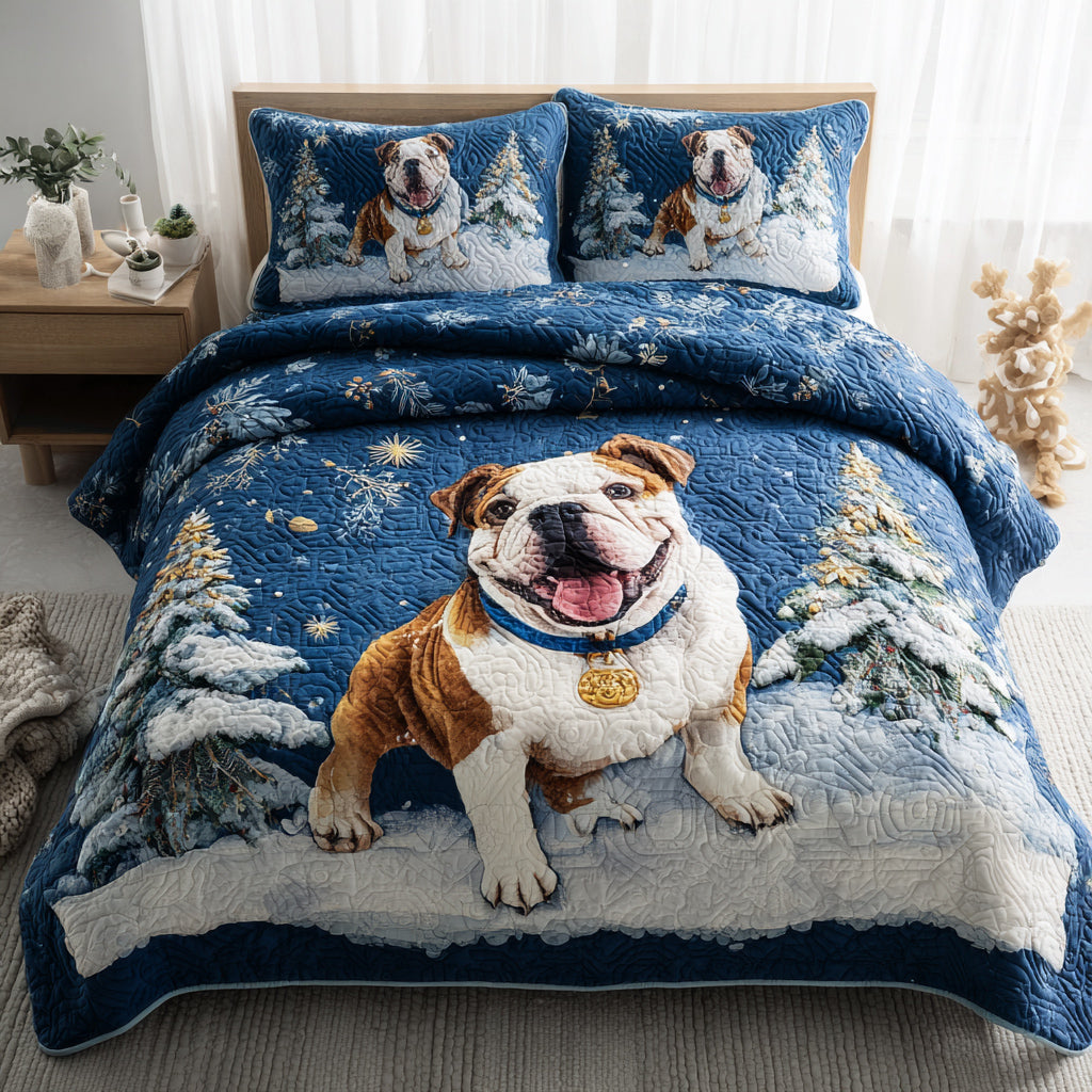 Blue Winter Bulldog Quilted Bedding Set Holiday Duvet Covers French Bulldog Christmas Decorations