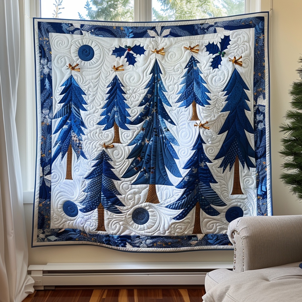 Blue Winter Christmas Tree Quilted Blanket Holiday Forest Art Throw Best Gift For Christmas Home Decor