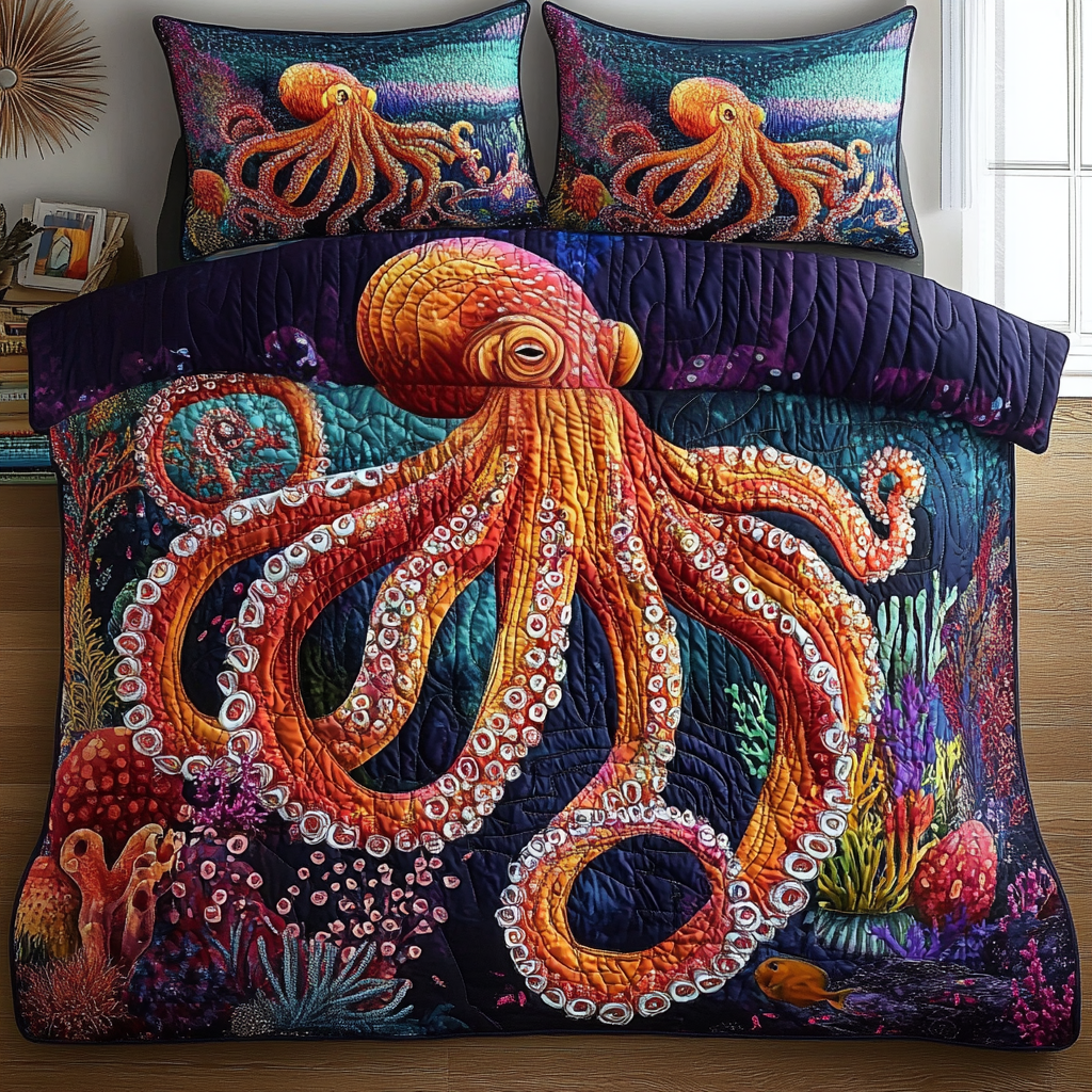 Blue Wonder Quilted Bedding Set Bed Decor Octopus Lover Gifts