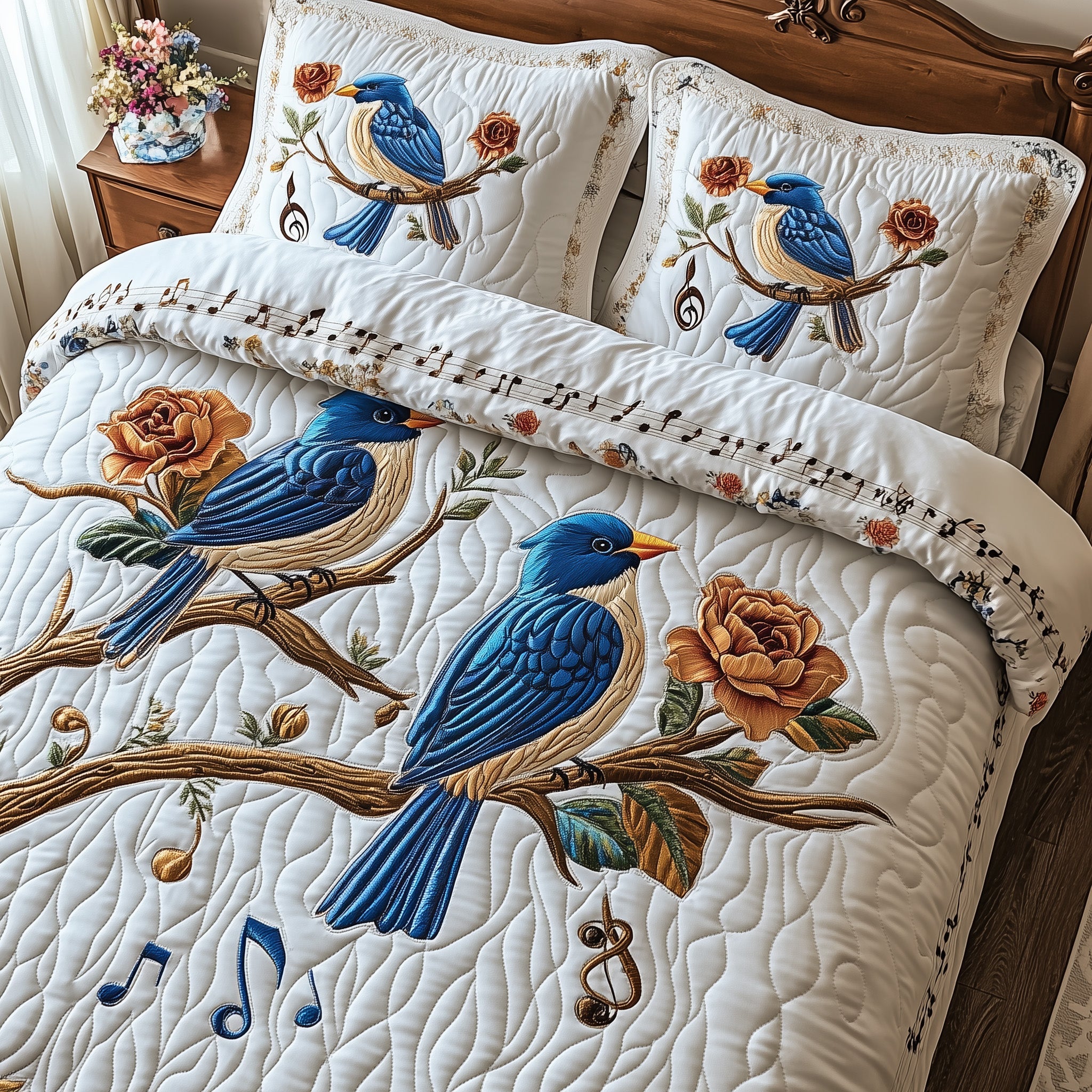 Bluebird Melody Quilted Bedding Set Duvet Cover Bedspread Xmas Gifts For Mom