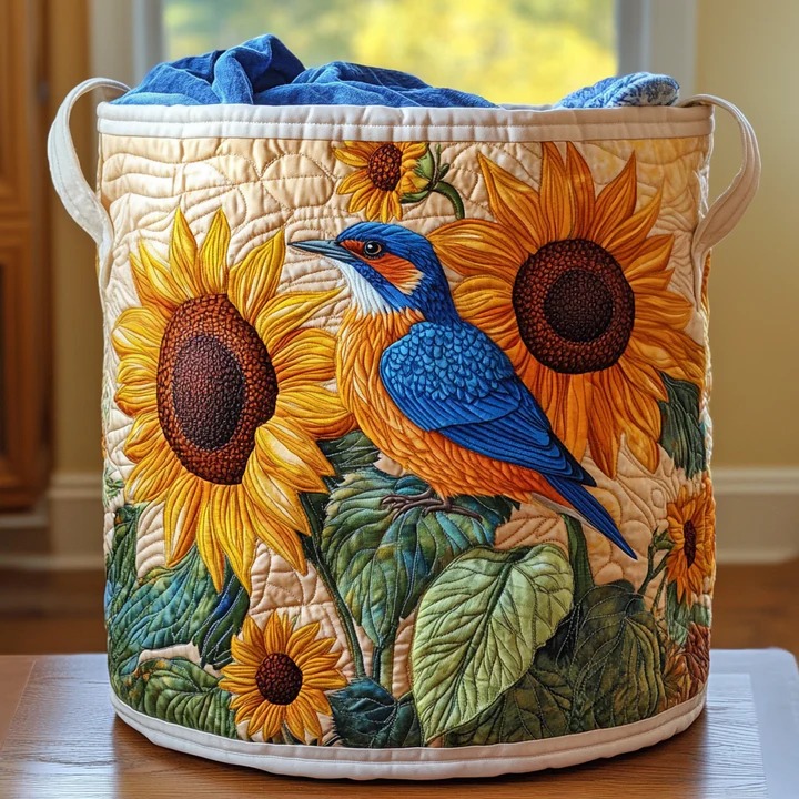 Bluebird Sunflower Garden Quilted Laundry Basket Floral Home Decor Best Gift For Bird And Nature Lovers