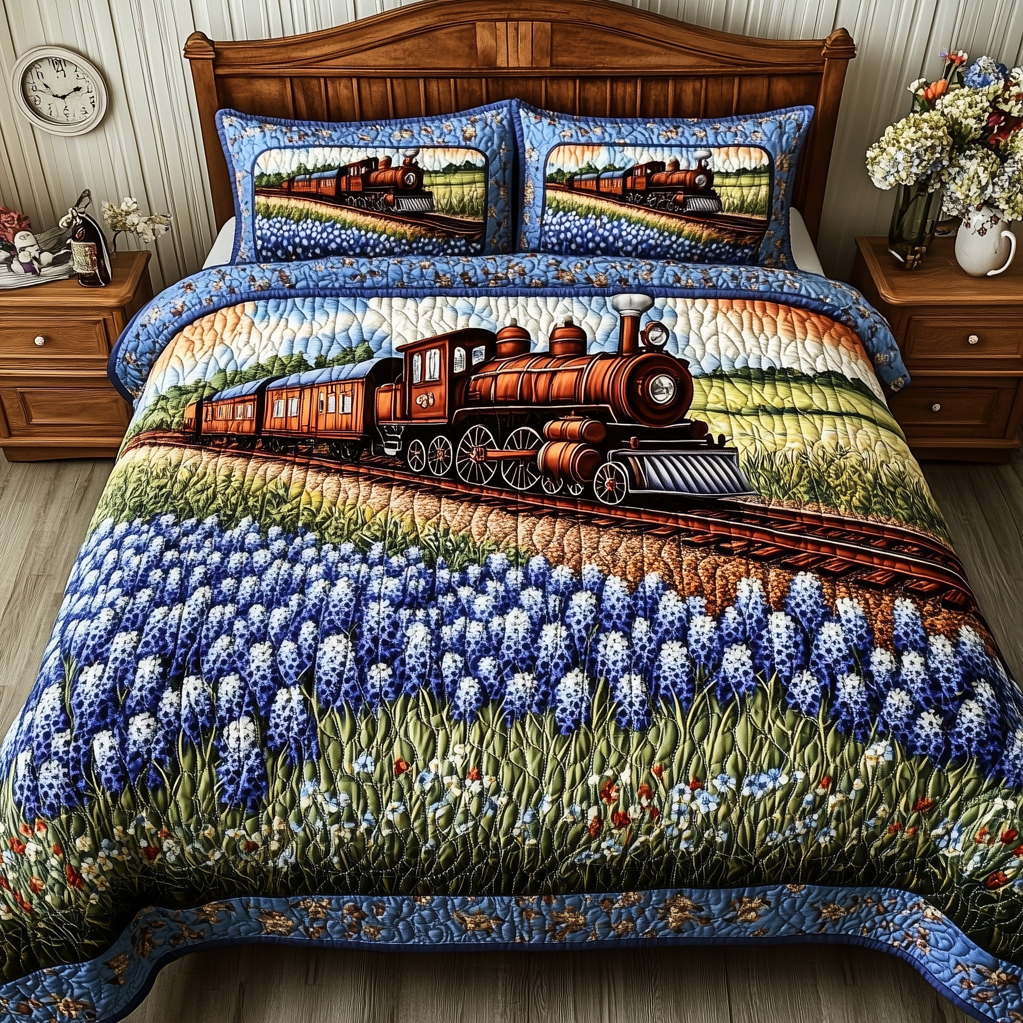 Bluebonnet Express Quilted Bedding Set Duvet Cover Merchandise Gifts For Train Enthusiasts
