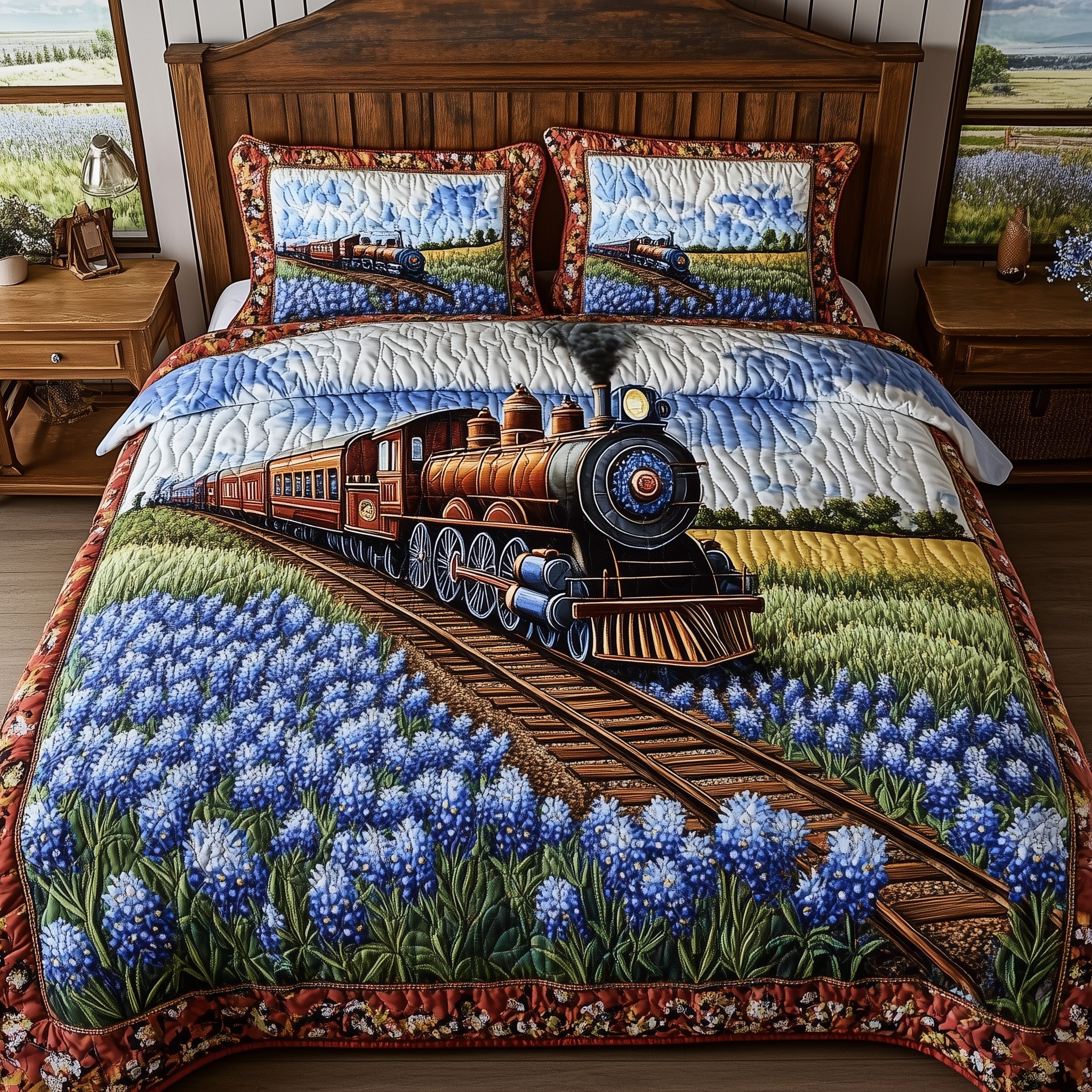 Bluebonnet Express Quilted Bedding Set Duvet Cover Merchandise Gifts For Train Lovers