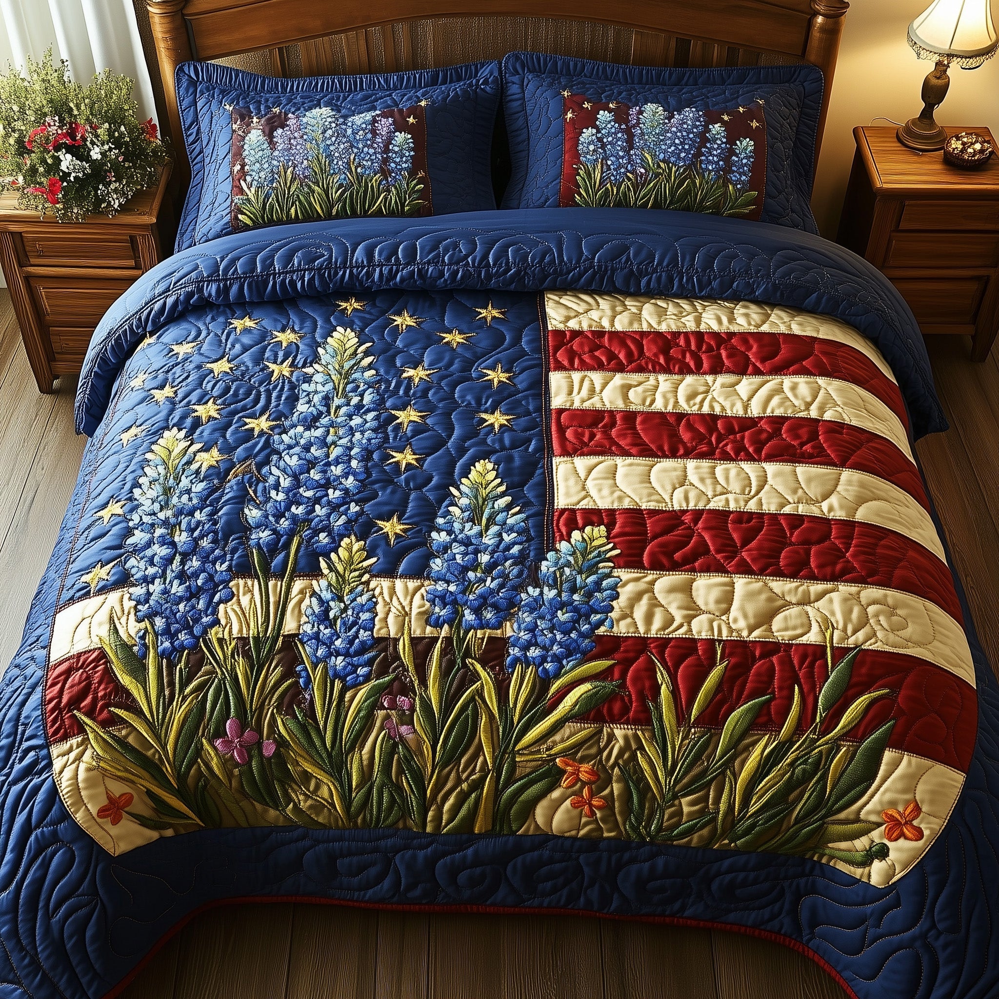 Bluebonnet Glory Quilted Bedding Set Duvet Cover Bedspread Texas Gifts For Women