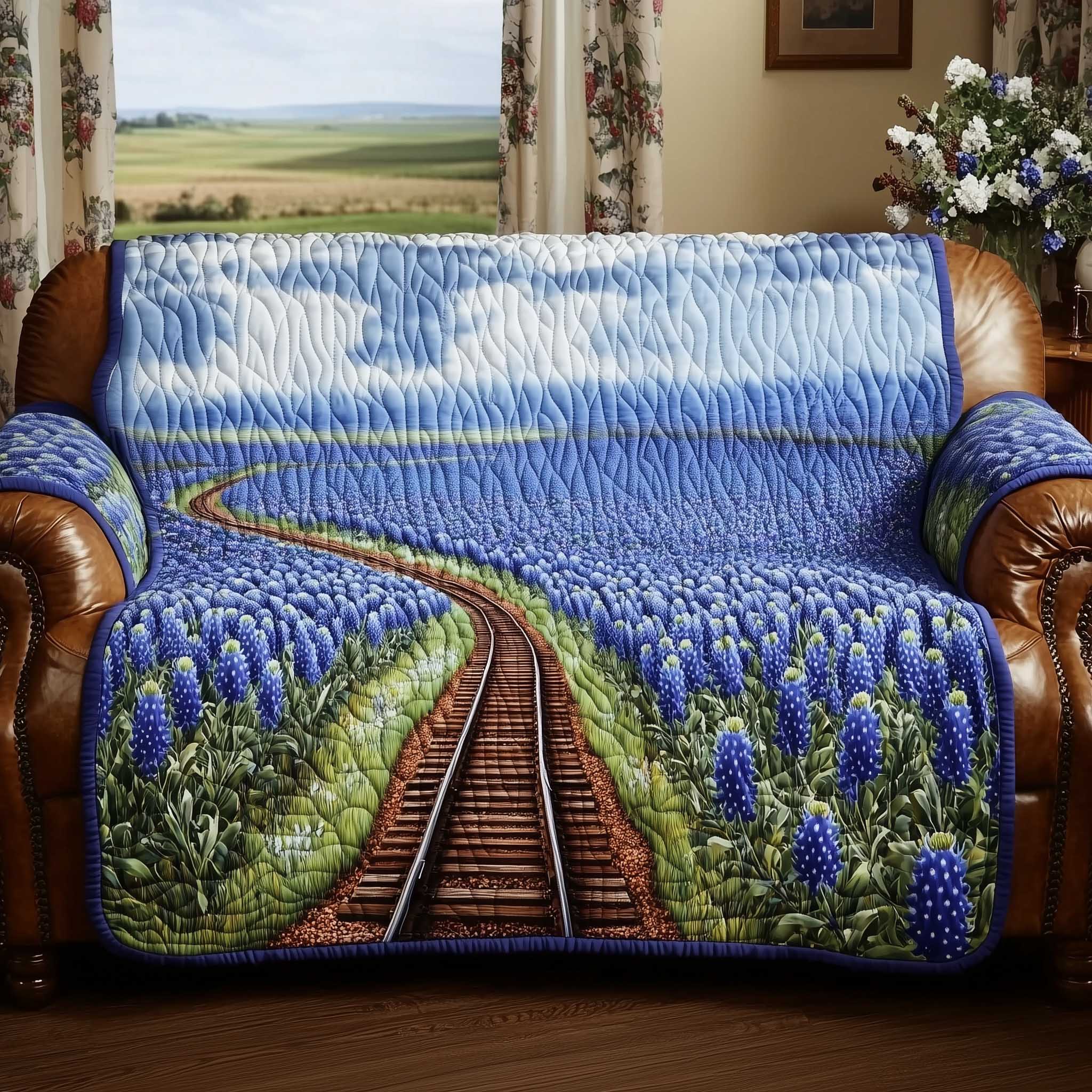 Bluebonnet Quilted Sofa Cover Soft Bluebonnet Field Slipcover Presents For Flower Lovers