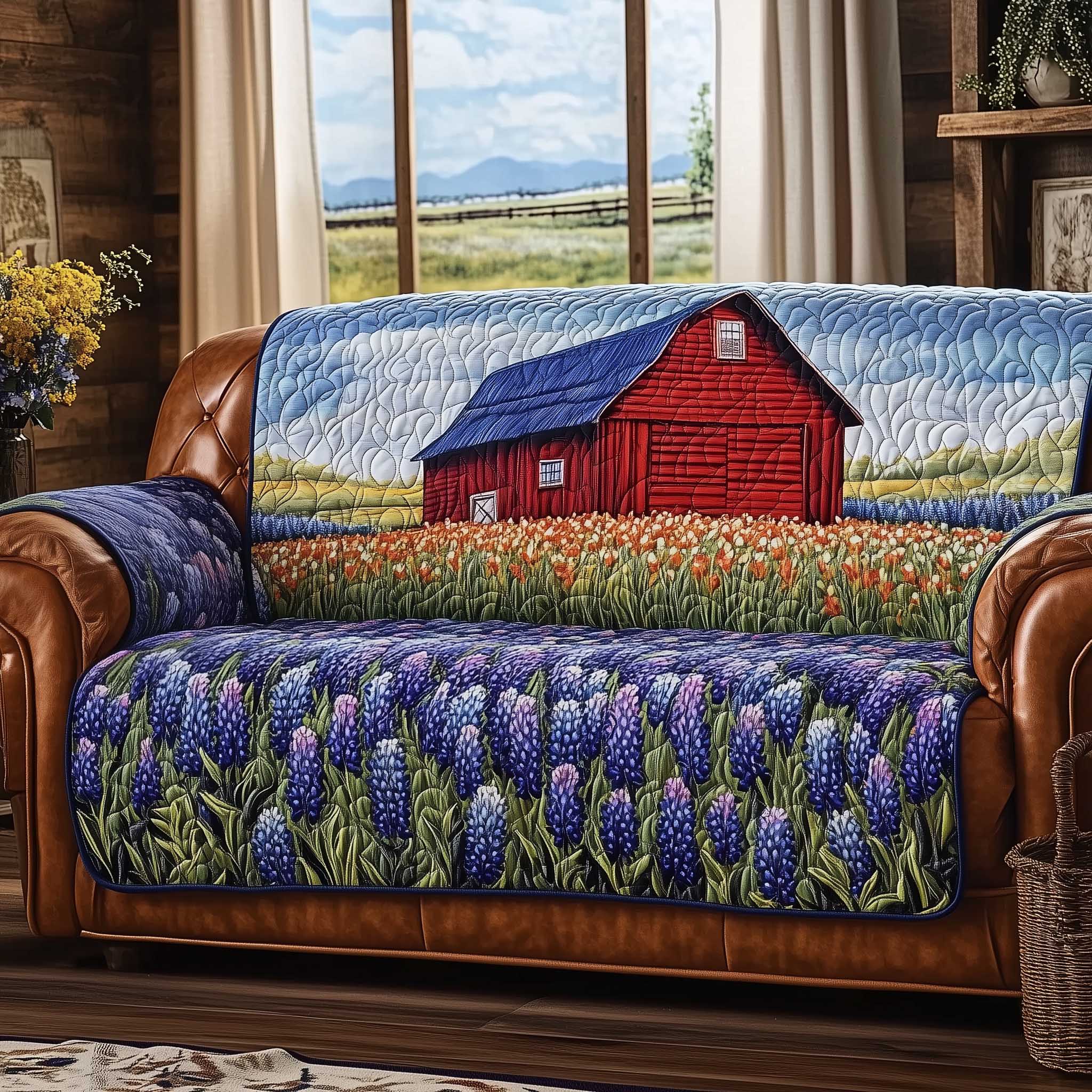 Bluebonnet Quilted Sofa Cover Spring Bloom Floral Motif Presents For Flower Lovers