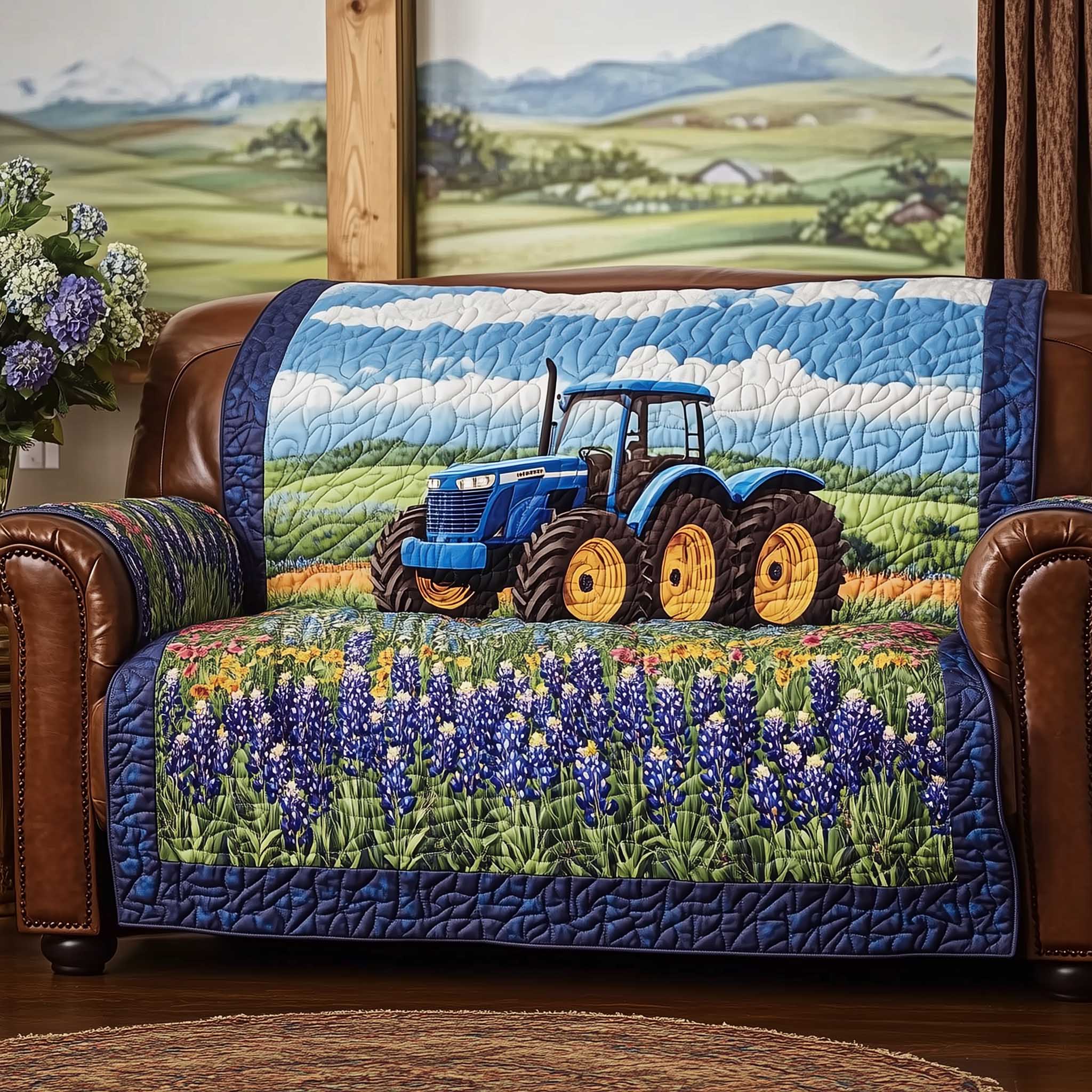 Bluebonnet Quilted Sofa Cover Vibrant Wildflower Design Sofa Cover Presents For Flower Lovers