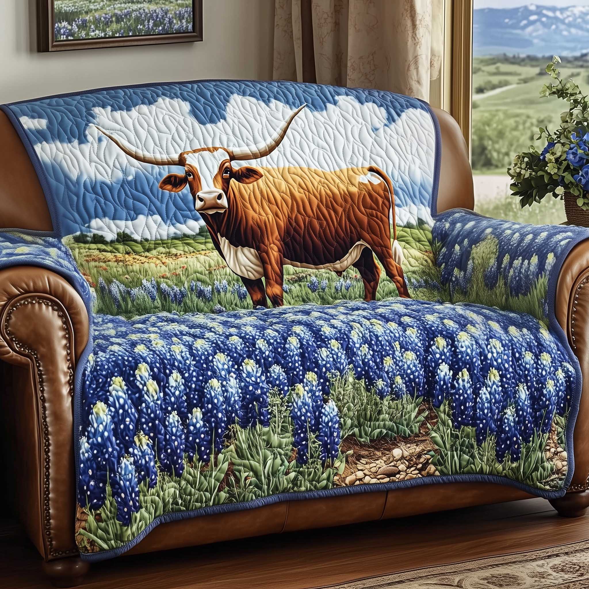 Bluebonnet Quilted Sofa Cover Vivid Blue Wildflower Quilt Presents For Flower Lovers
