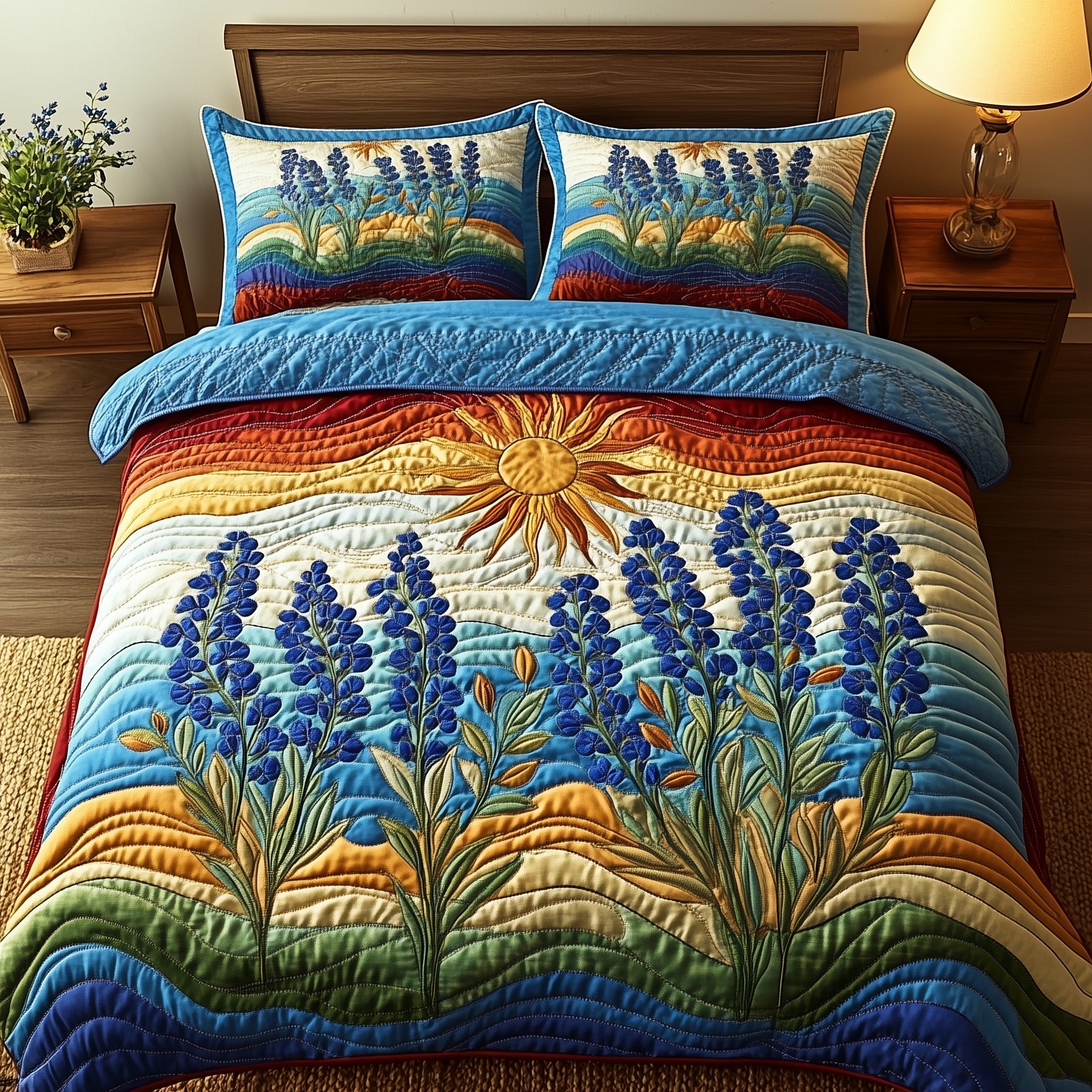 Bluebonnet Sunbeam Quilted Bedding Set Duvet Cover Bedspread Cool Texas Gifts