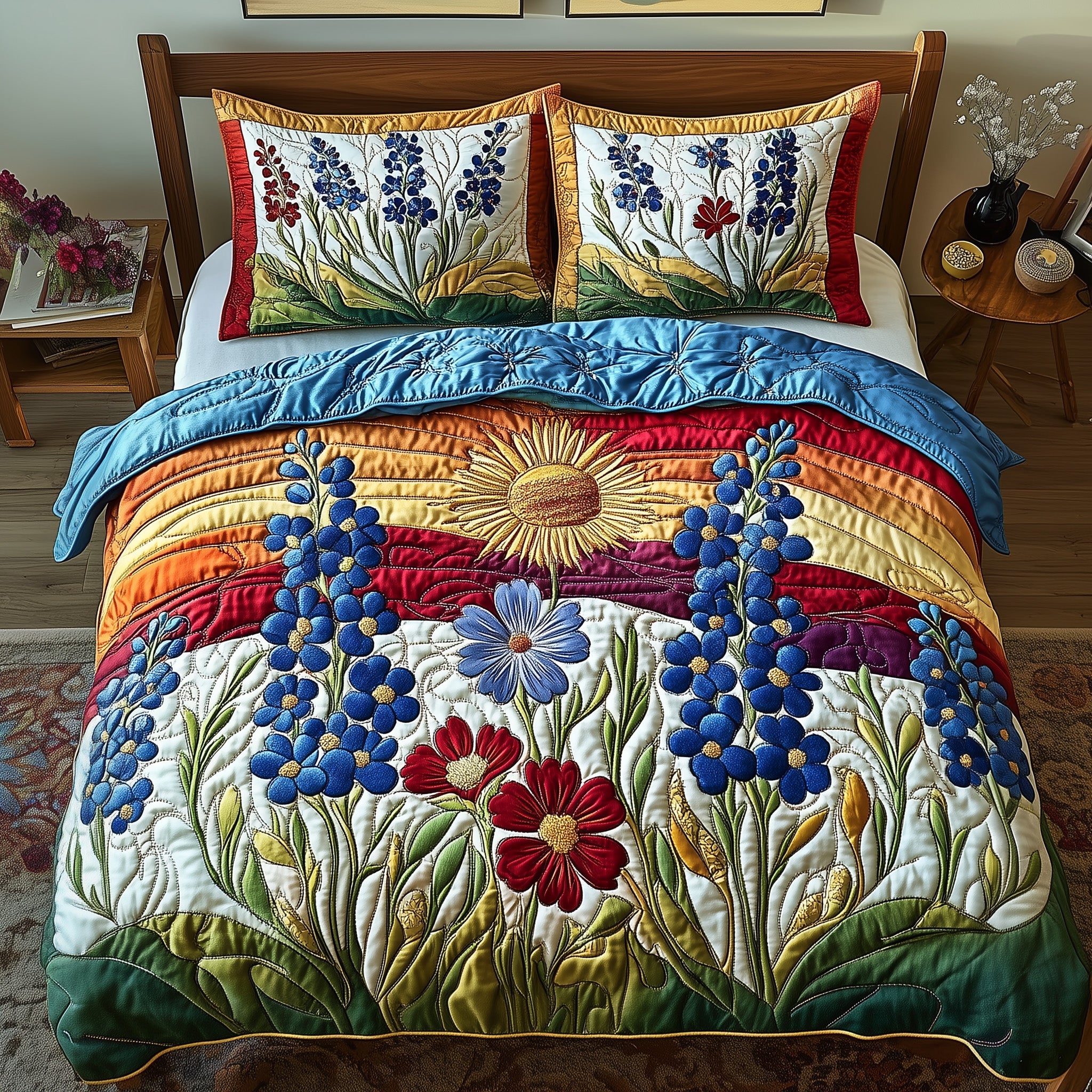 Bluebonnet Sunbeam Quilted Bedding Set Duvet Cover Bedspread Texas Gifts For Men