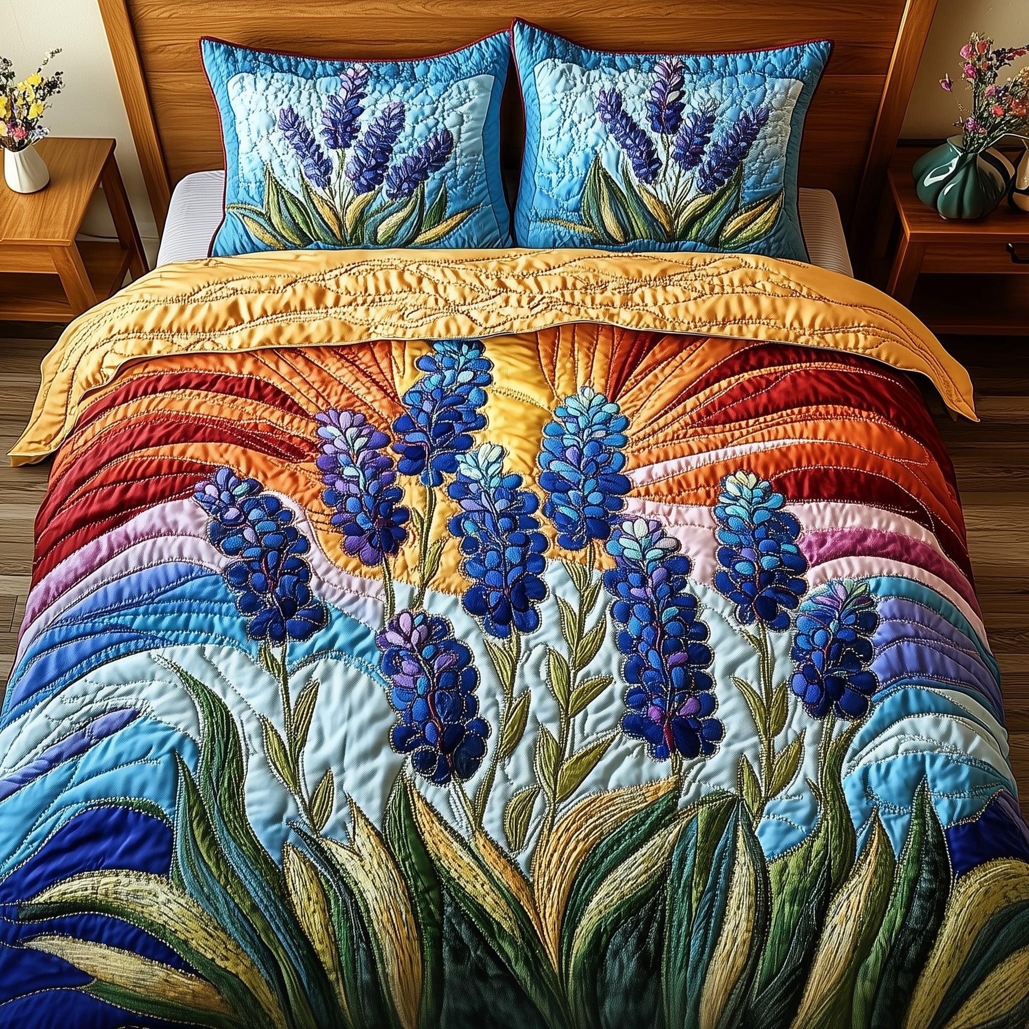 Bluebonnet Sunbeam Quilted Bedding Set Duvet Cover Bedspread Texas Gifts To Ship