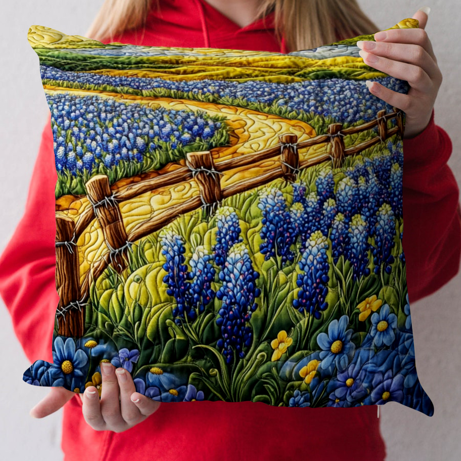Bluebonnet Trail Quilted Pillow Case Throw Pillow Case Covers Texas Gifts For Him