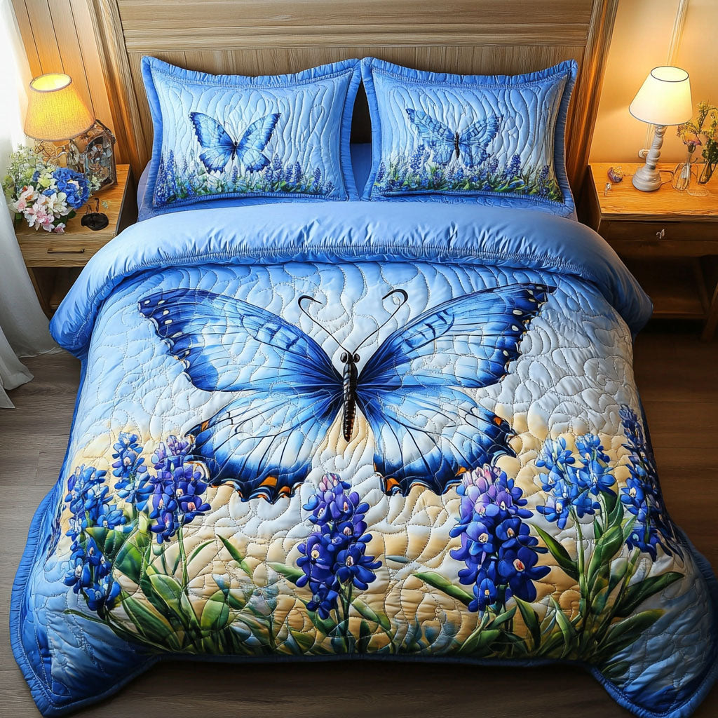 Bluebonnet Wings Quilted Bedding Set Cute Bedroom Decor Butterfly Gifts For Ladies
