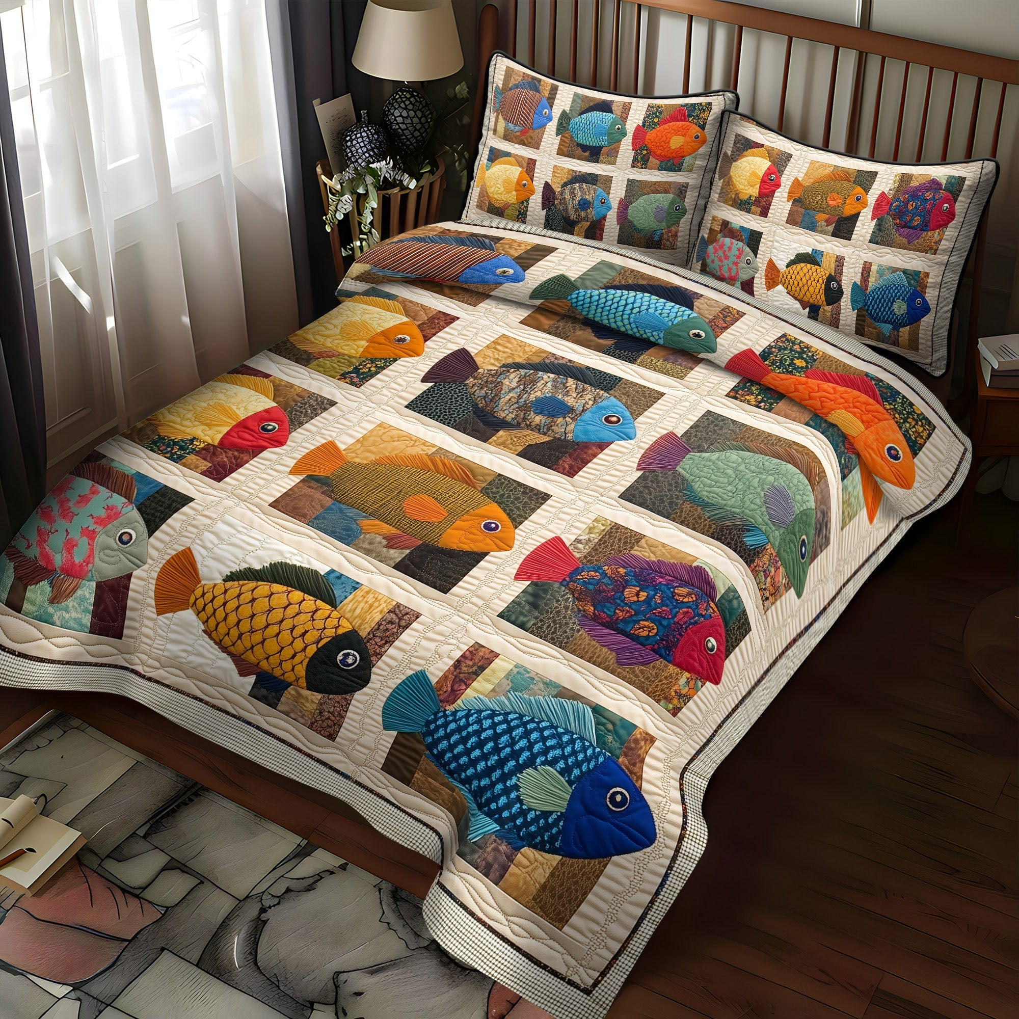 Bluegill Meadows Quilted Bedding Set Cozy Bedroom Decor Fishing Themed Christmas Gifts
