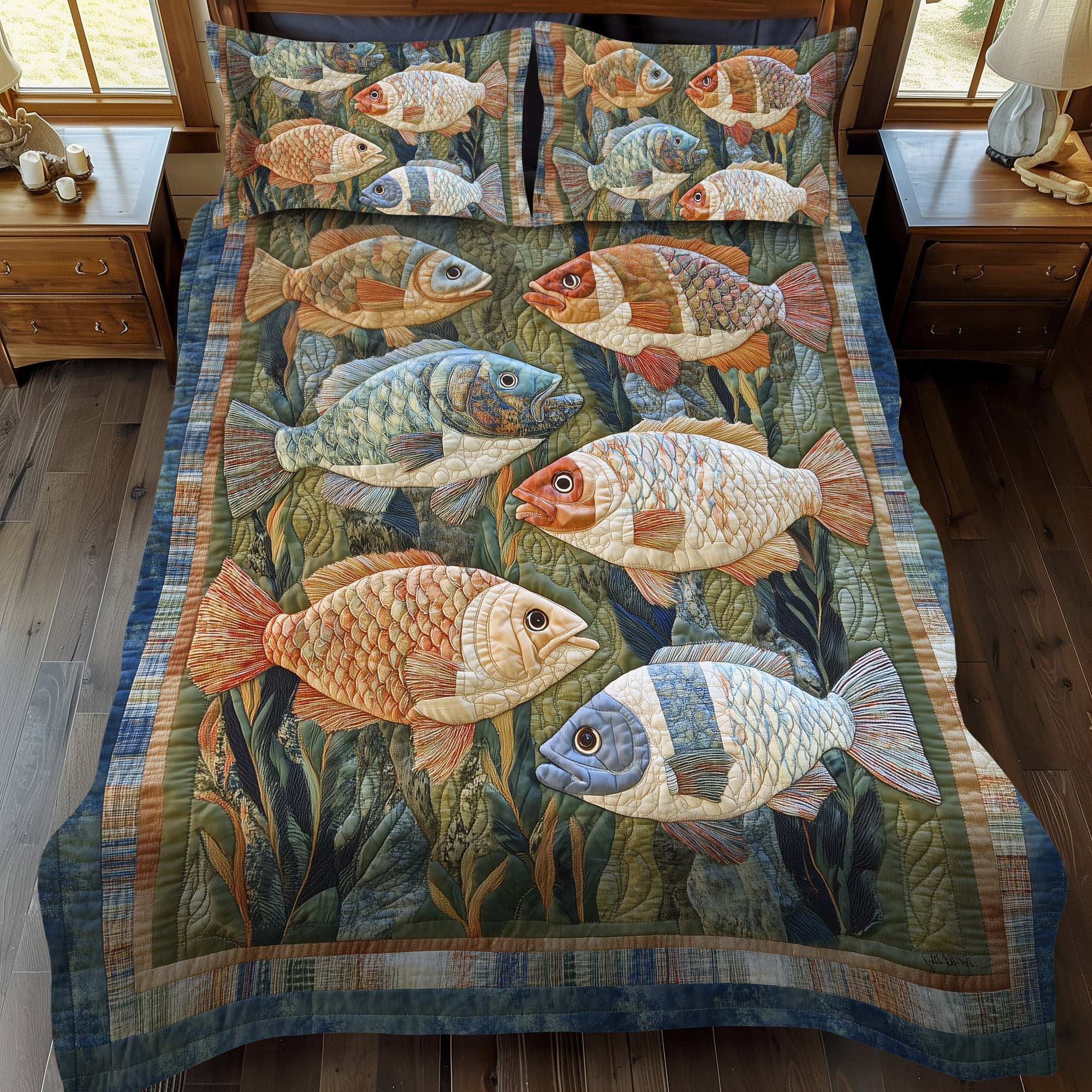 Bluegill Waters Quilted Bedding Set Cool Bedroom Decor Cool Gifts For Fishing Lovers
