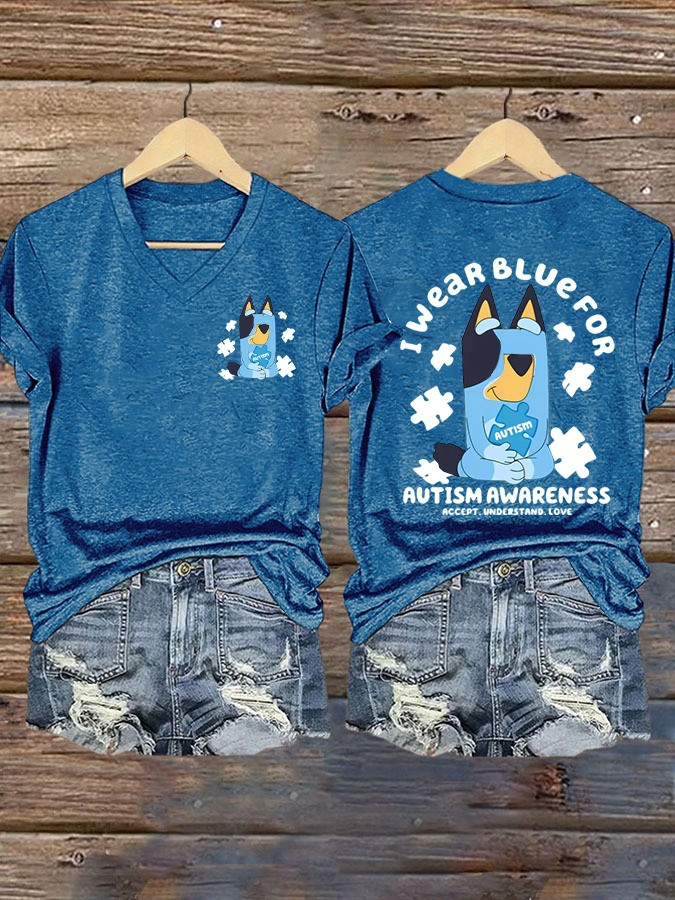 Bluey I Wear Blue For Autism V-Neck T-Shirt Women's Support Autism Awareness Apparel