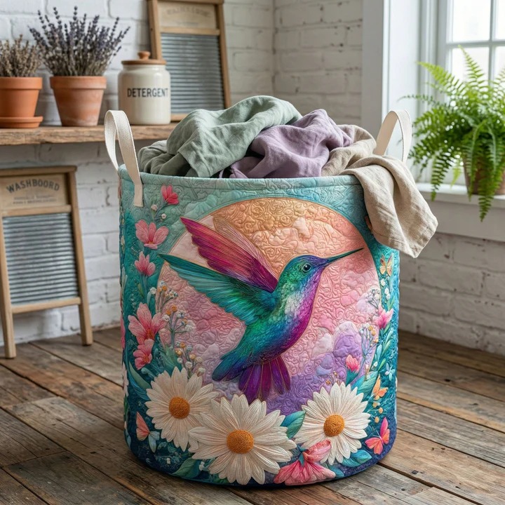 Blush Bloom Hummingbird Floral Quilted Laundry Basket Pastel Home Decor Best Gift For Hummingbird Lovers