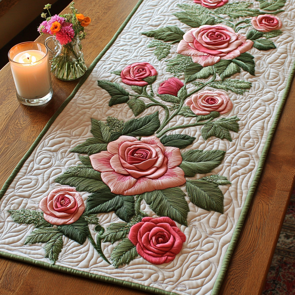 Blush Garden Quilted Table Runner Dining Room Decor Ideas Gifts For The Flower Lover