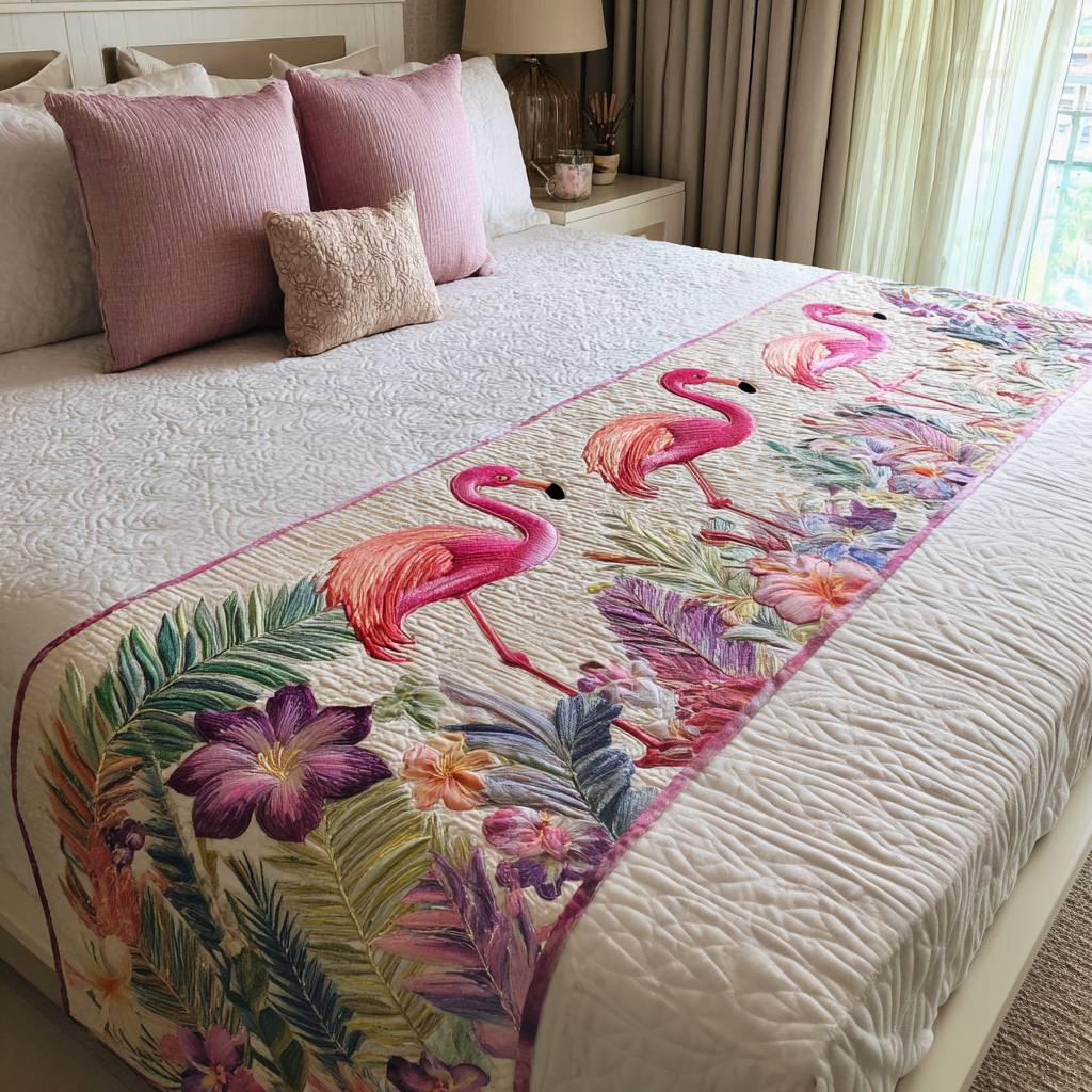 Blush Oasis Quilted Bed Runner Bed Decor Flamingo Gifts For Ladies