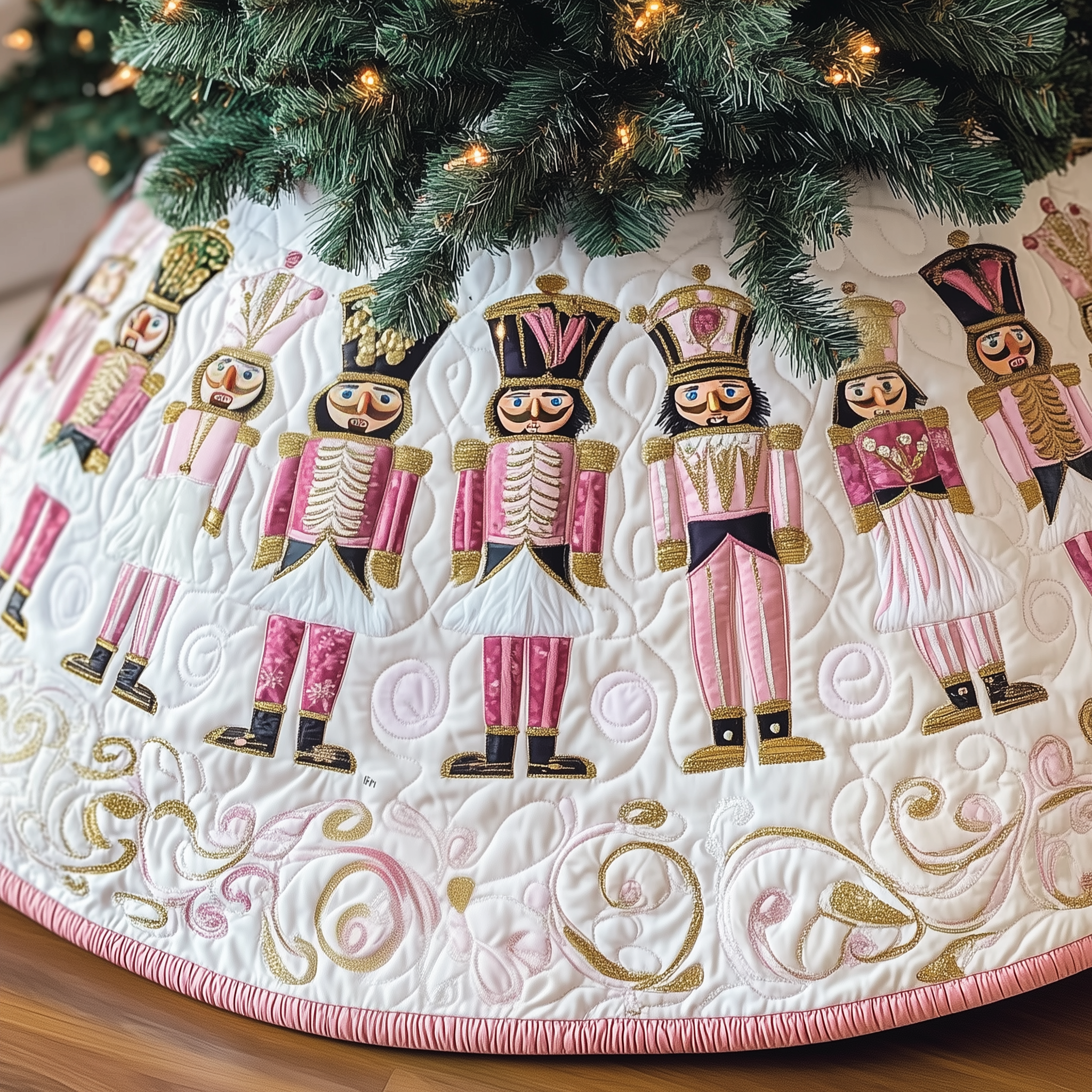 Blush Pink Nutcracker Christmas Tree Skirt Quilted Handmade Holiday Gift for Vintage Christmas Lovers