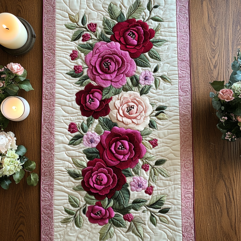 Blush Roses Quilted Table Runner Dinner Table Decor Presents For Flower Lovers