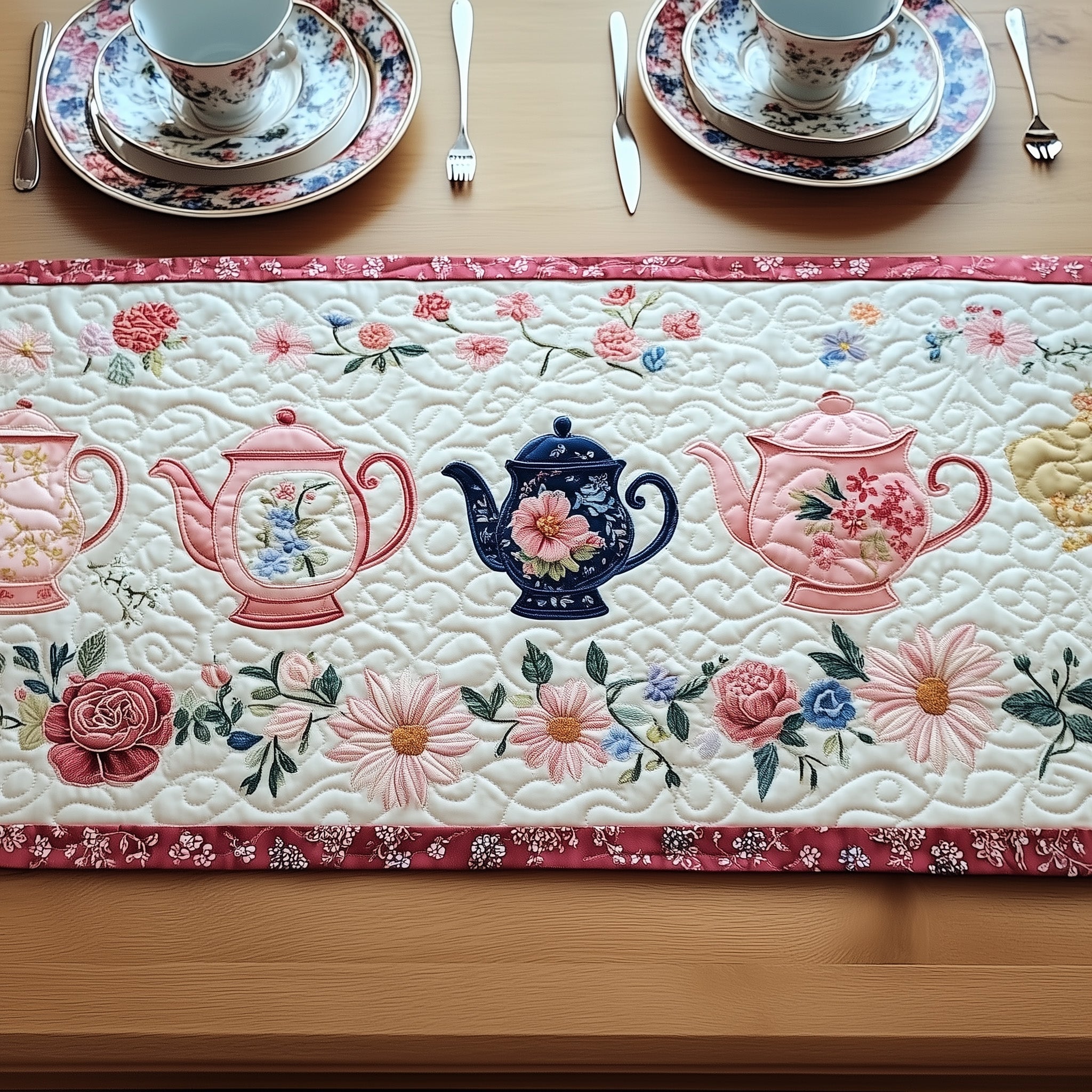 Blush Tea Dreams Quilted Table Runner Holiday Party Table Runner
