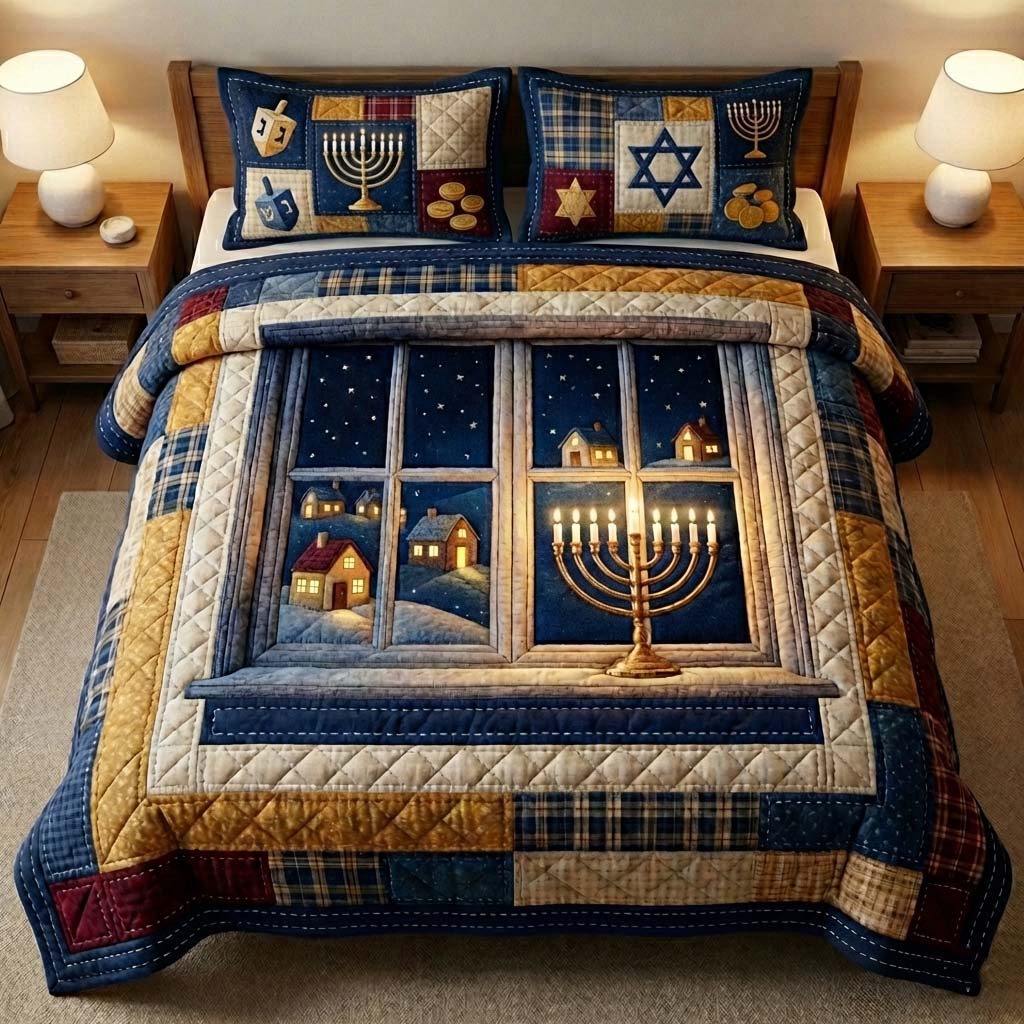 B?n sao Hanukkah Quilted Bedding Set Jewish Holiday Bedroom Decor Festive Gift For Jewish Families