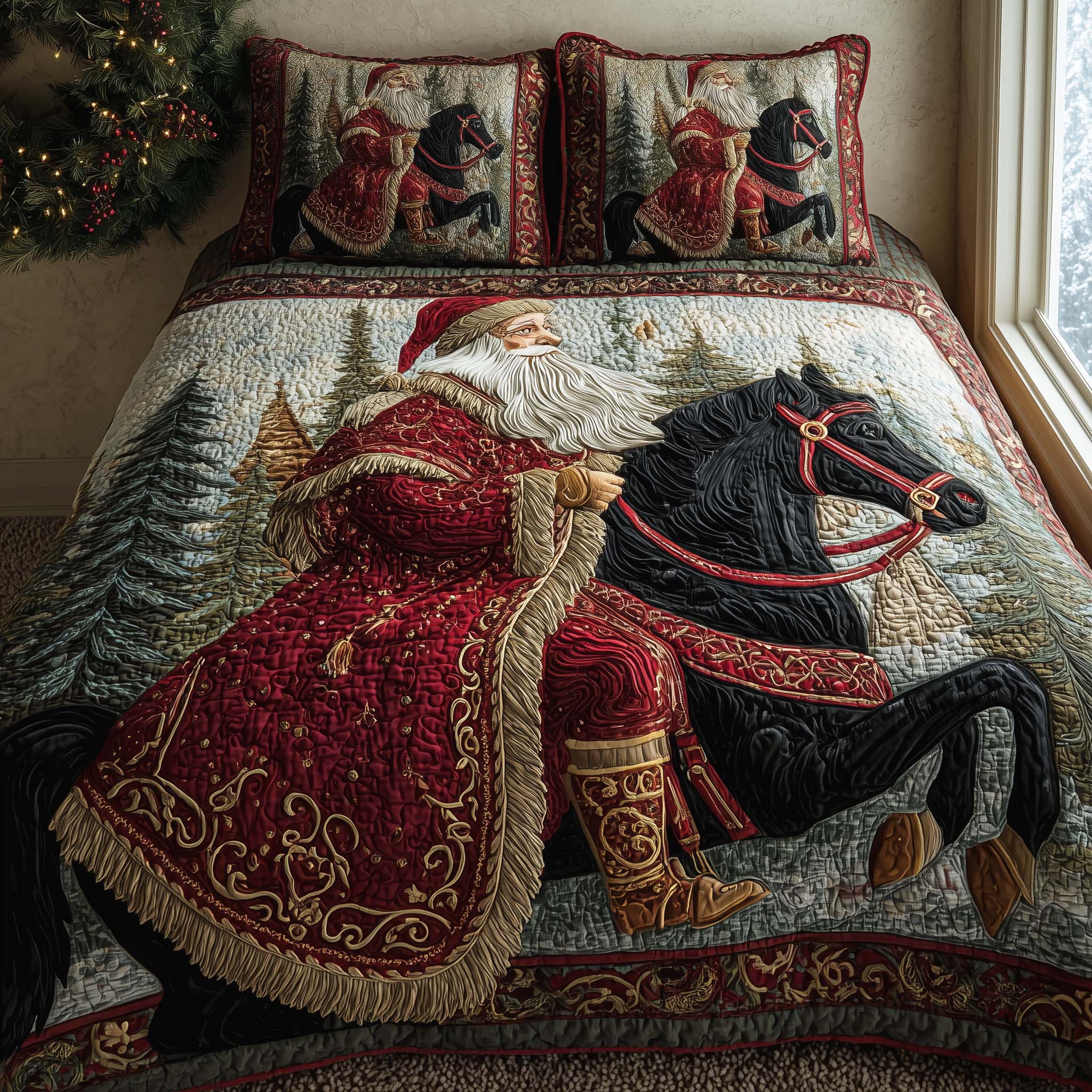 B?n sao Santa Journey Quilted Bedding Set Christmas Holiday Bedroom Decor Festive Gift Ideas