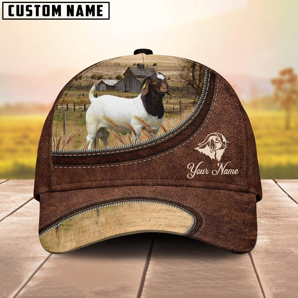 Boer Goat On The Farm Customized Name Leather Pattern Cap Farm Cap Farmer Baseball Cap