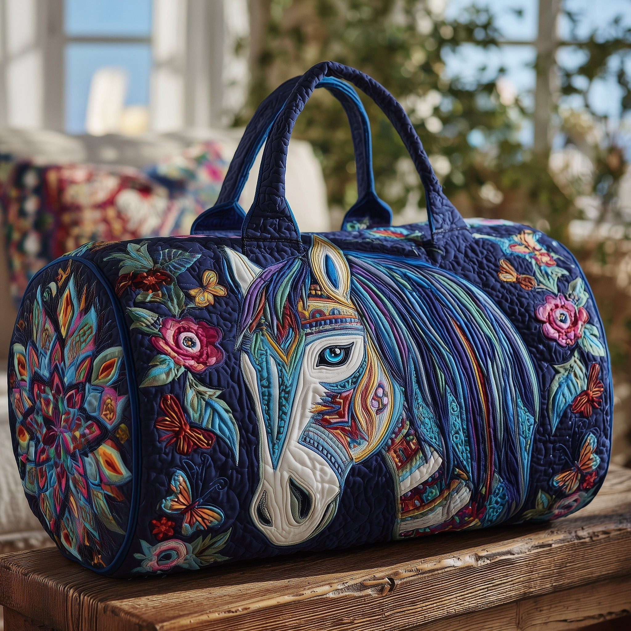 Bohemian Horse Quilted Duffle Bag Navy Blue Mandala Floral Best Gift For Horse Lovers
