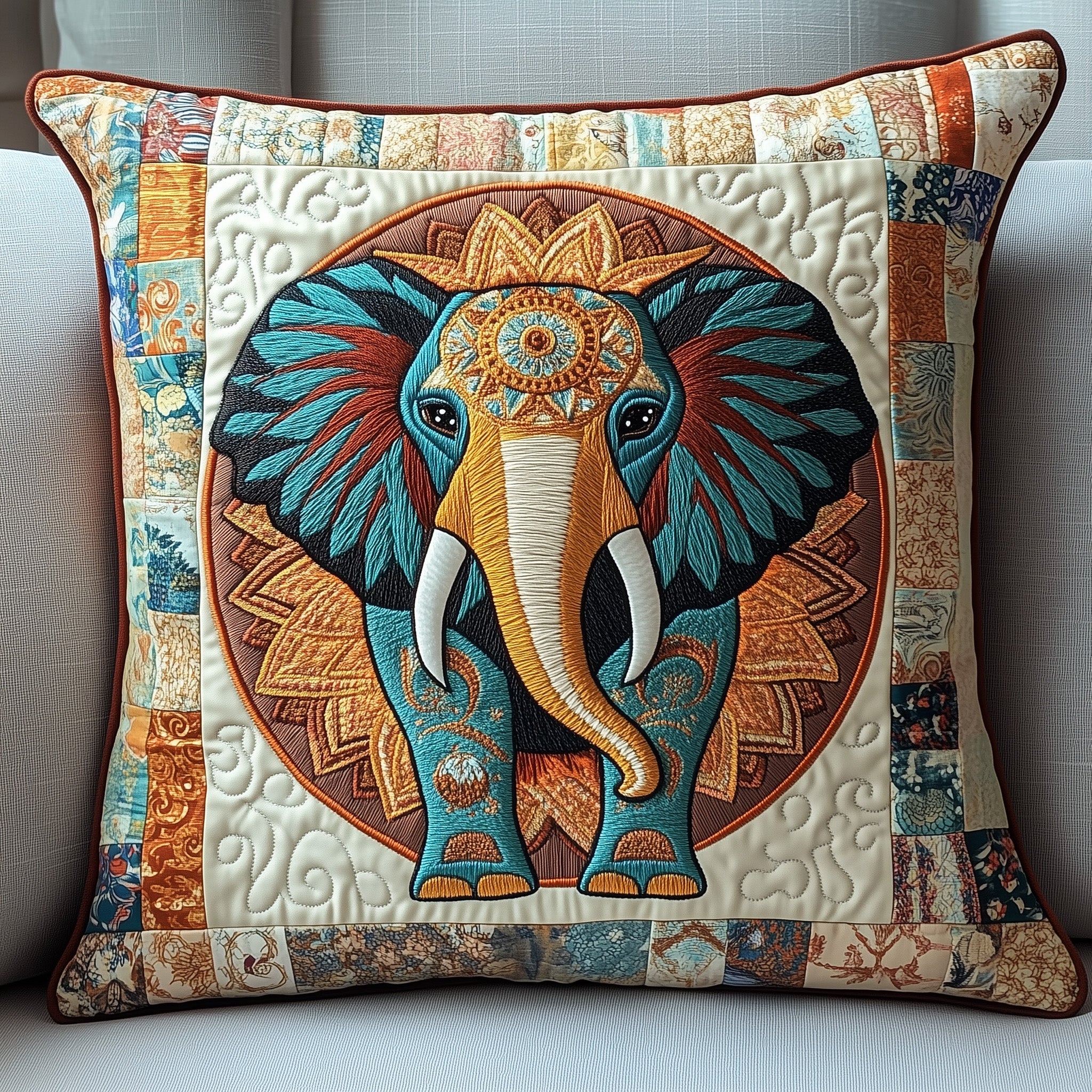 Boho Bliss Elephant Quilted Pillow Case Throw Pillow Cover ItemBest Gifts For Elephant Lovers