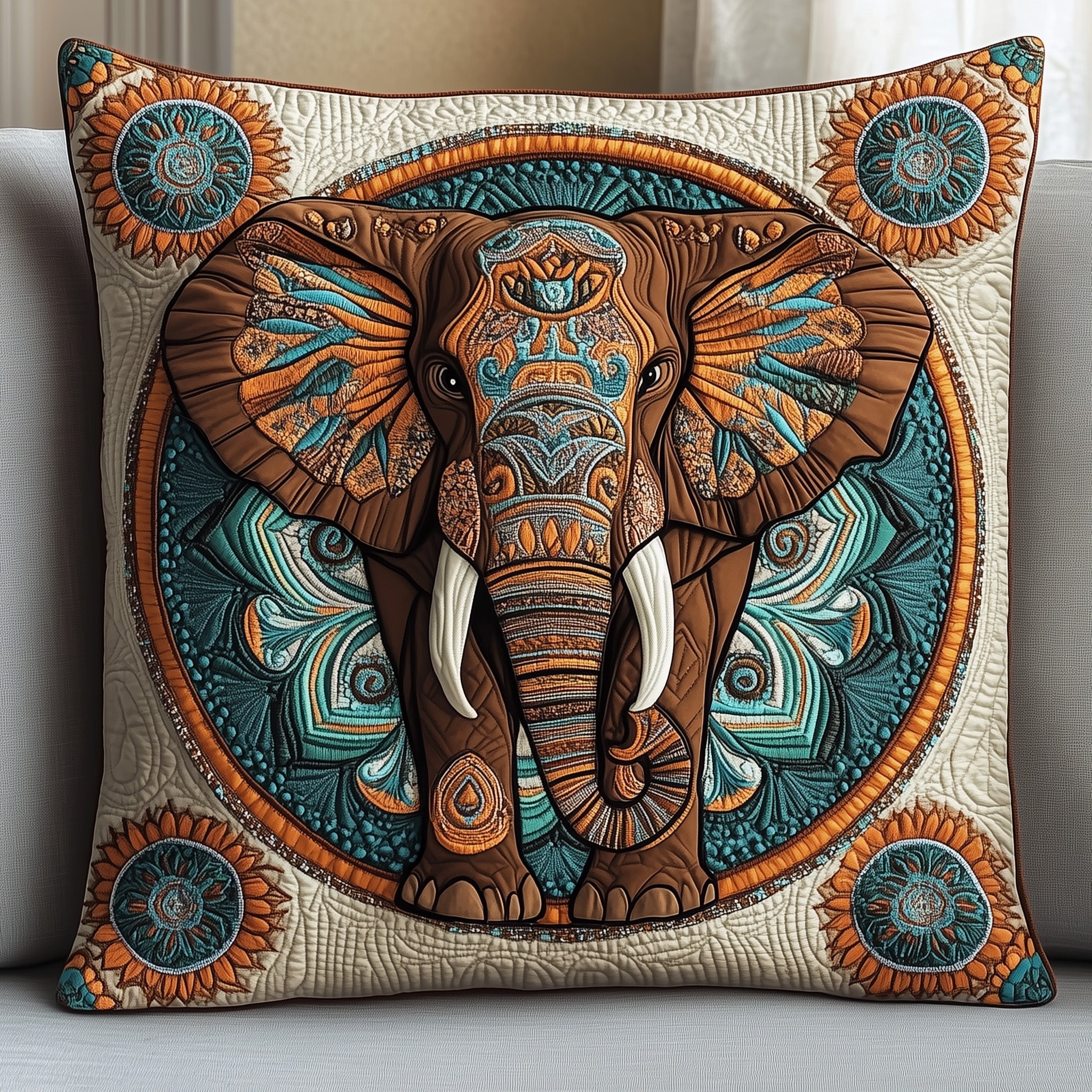 Boho Bliss Elephant Quilted Pillow Case Throw Pillow Cover ItemElephant Gifts For Him Her