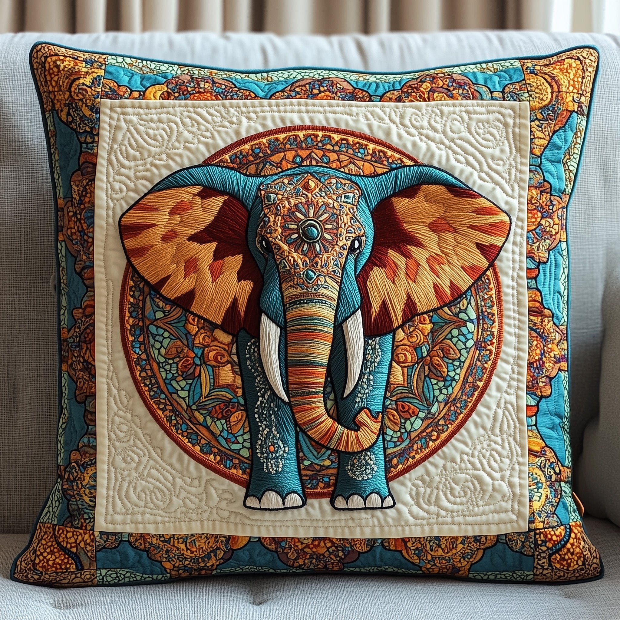 Boho Bliss Elephant Quilted Pillow Case Throw Pillow Cover ItemElephant Themed Gifts