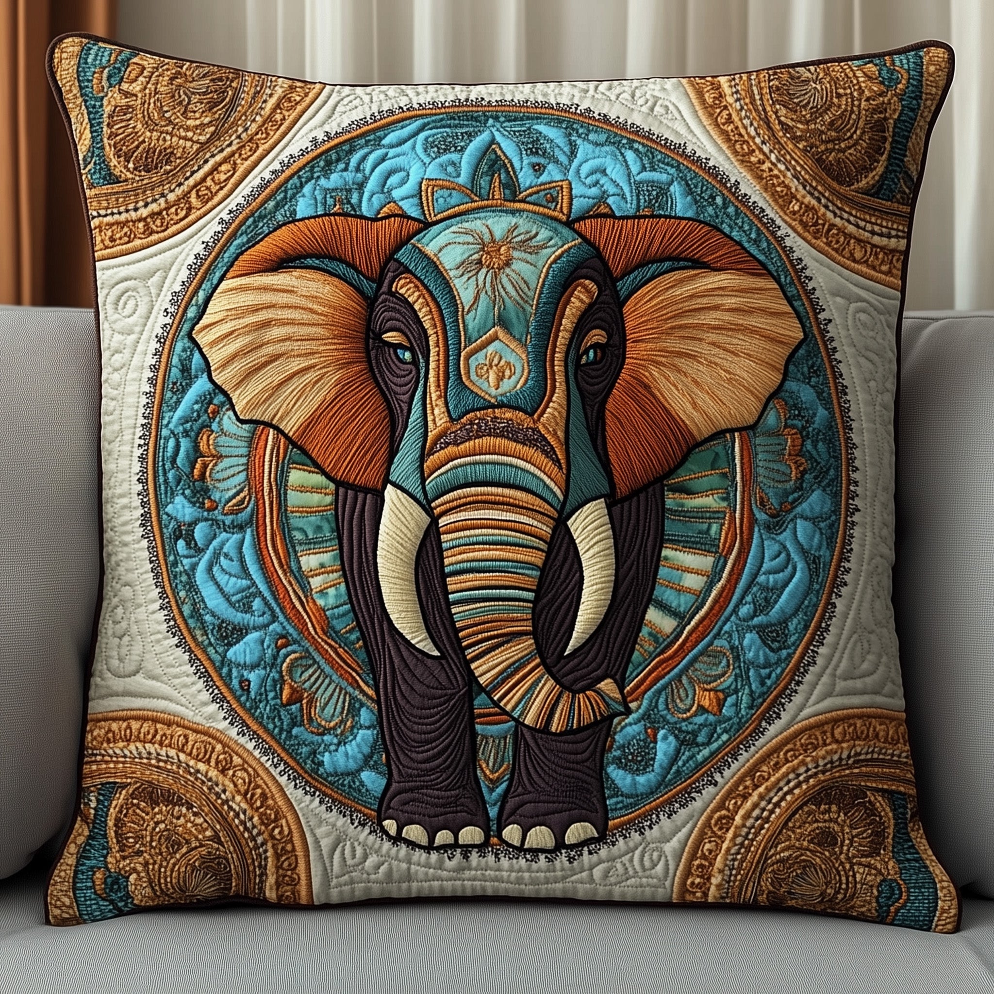 Boho Bliss Elephant Quilted Pillow Case Throw Pillow Cover ItemGift Ideas For Elephant Lovers