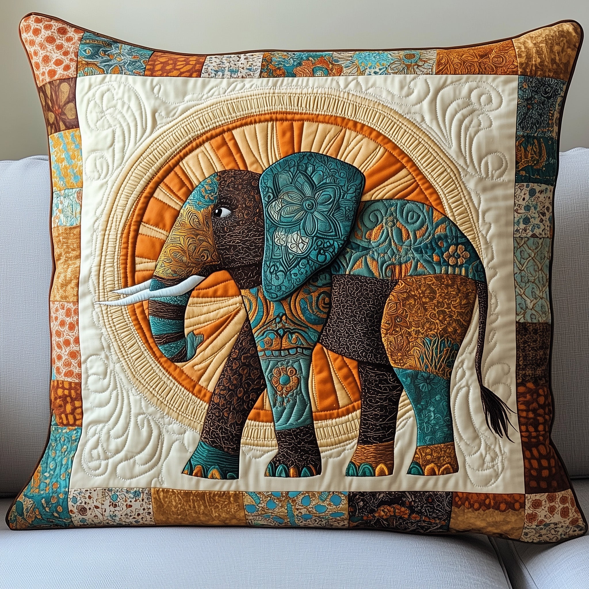 Boho Bliss Elephant Quilted Pillow Case Throw Pillow Cover ItemGifts For Elephant Lovers