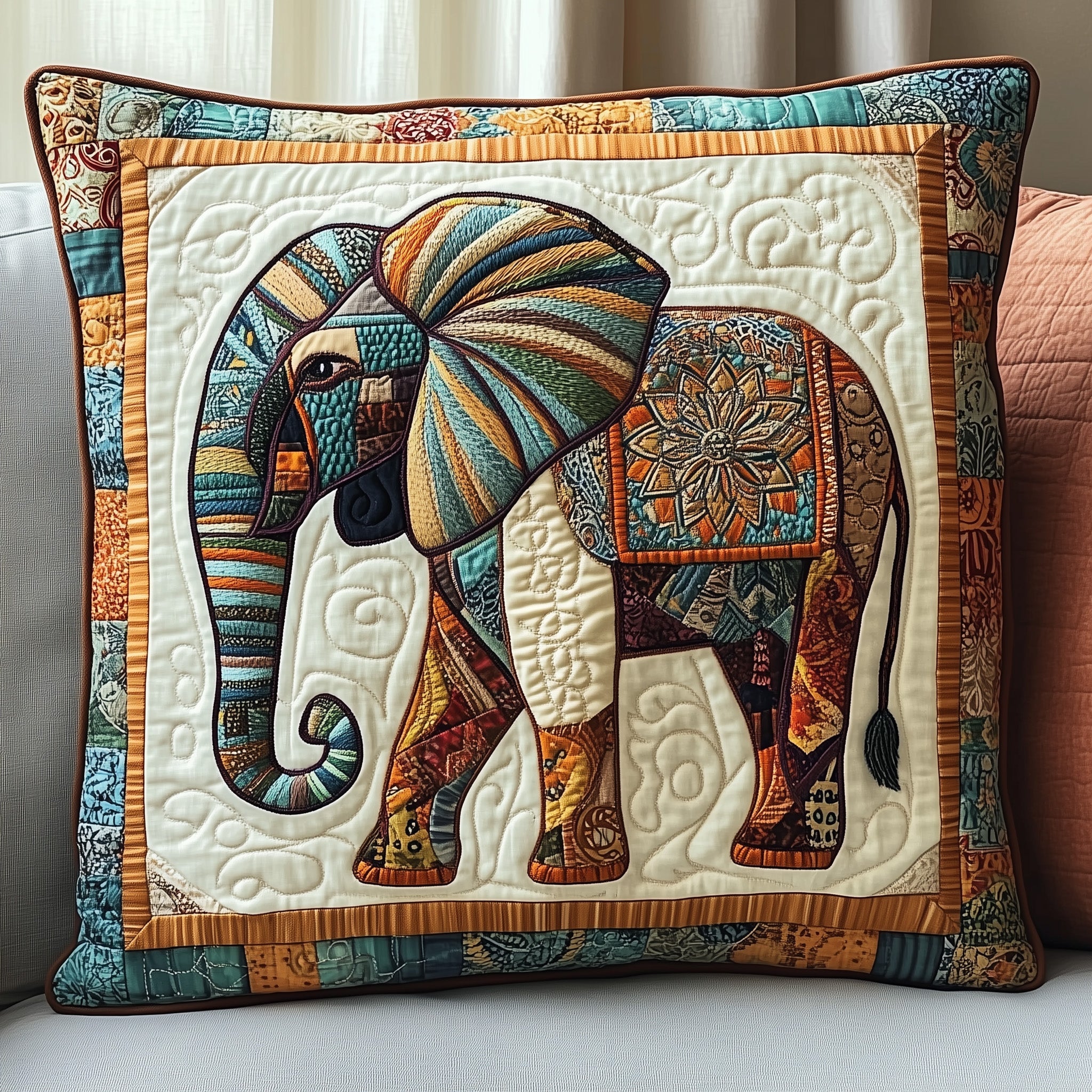 Boho Bliss Elephant Quilted Pillow Case Throw Pillow Cover ItemUnique Elephant Gifts