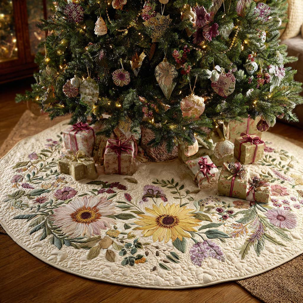 Boho Bouquet Christmas Quilted Tree Skirt Flower Design Xmas Decor Christmas Gift Ideas