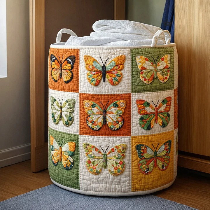 Boho Butterfly Garden Quilted Laundry Basket Earthy Nature Home Decor Best Gift For Butterfly Lovers