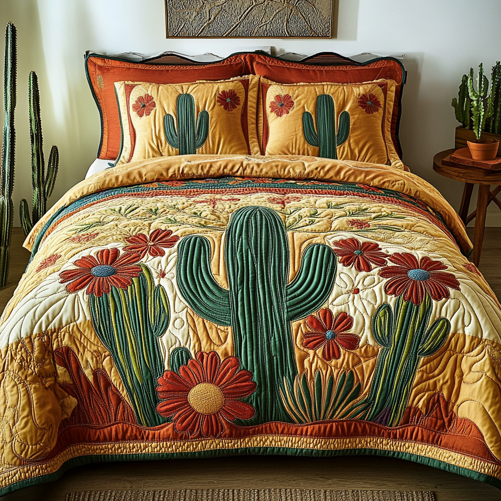 Boho Cactus Quilted Bedding Set Best Bed Sheet Set Cactus For Birthday Gift