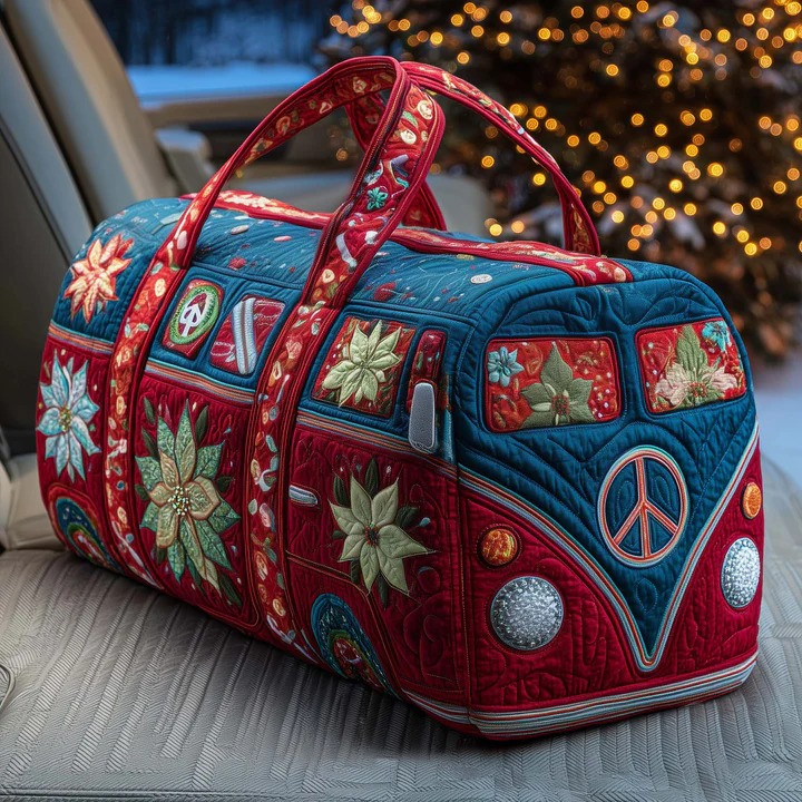 Boho Christmas Poinsettia VW Bus Quilted Duffle Bag Holiday Travel Bag Gift For Christmas Lovers