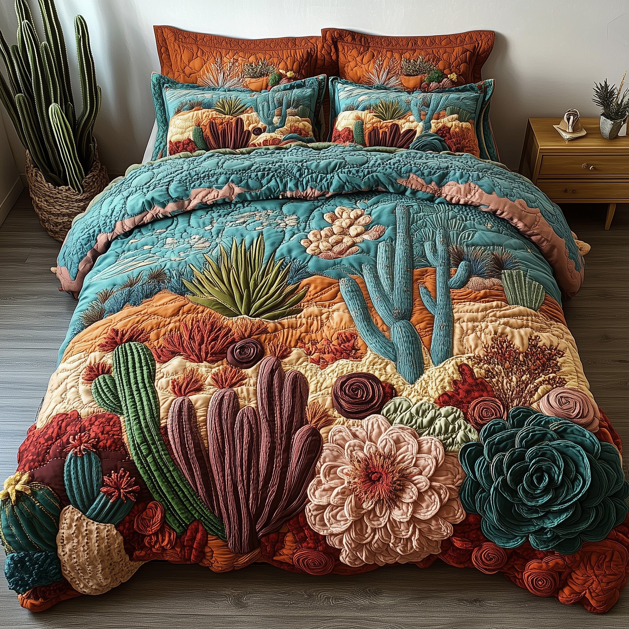 Boho Desert Bloom Quilted Bedding Set Duvet Cover Bedspread Best Cactus Gifts Plant