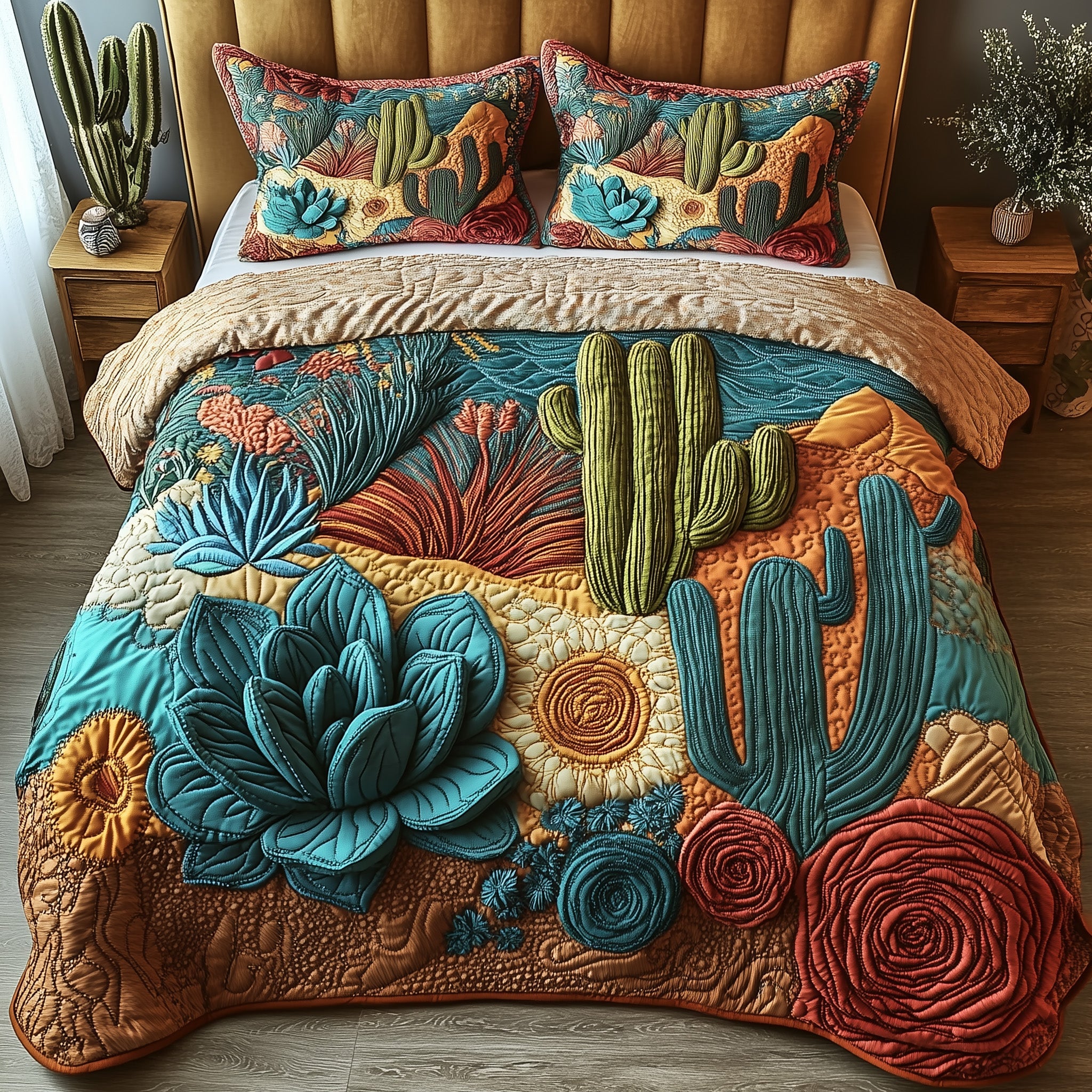 Boho Desert Bloom Quilted Bedding Set Duvet Cover Bedspread Cactus Birthday Gift