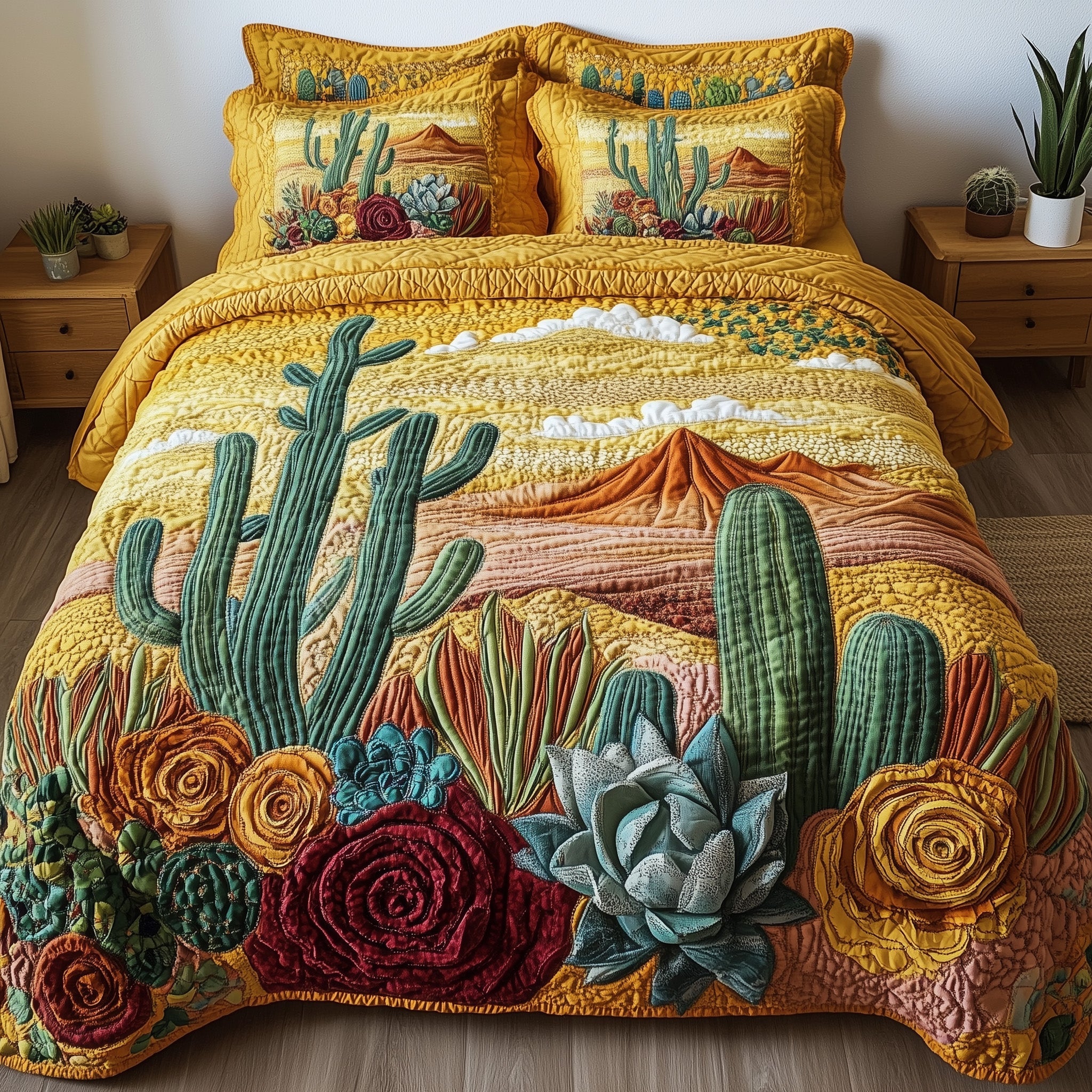 Boho Desert Bloom Quilted Bedding Set Duvet Cover Bedspread Cactus For Birthday Gift