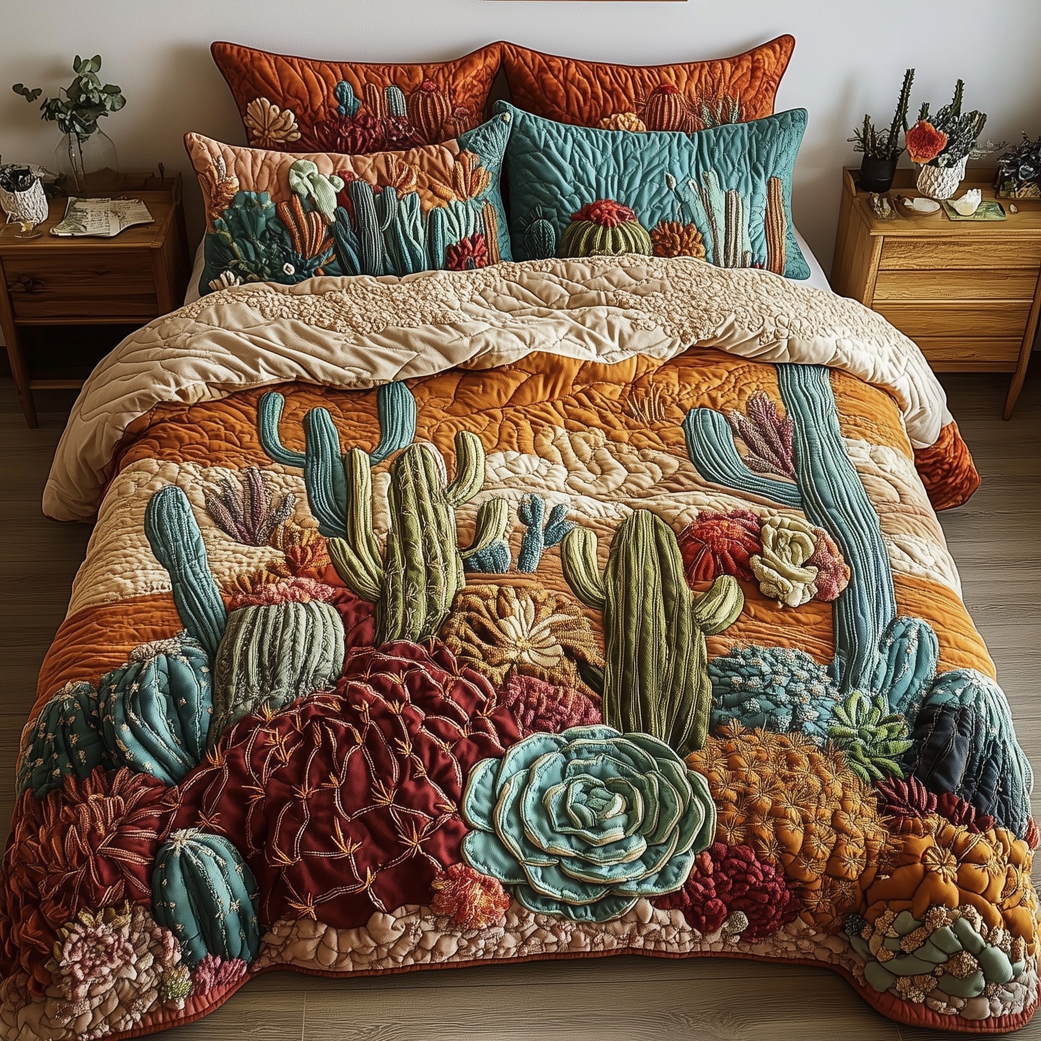 Boho Desert Bloom Quilted Bedding Set Duvet Cover Bedspread Cactus Gifts For Him