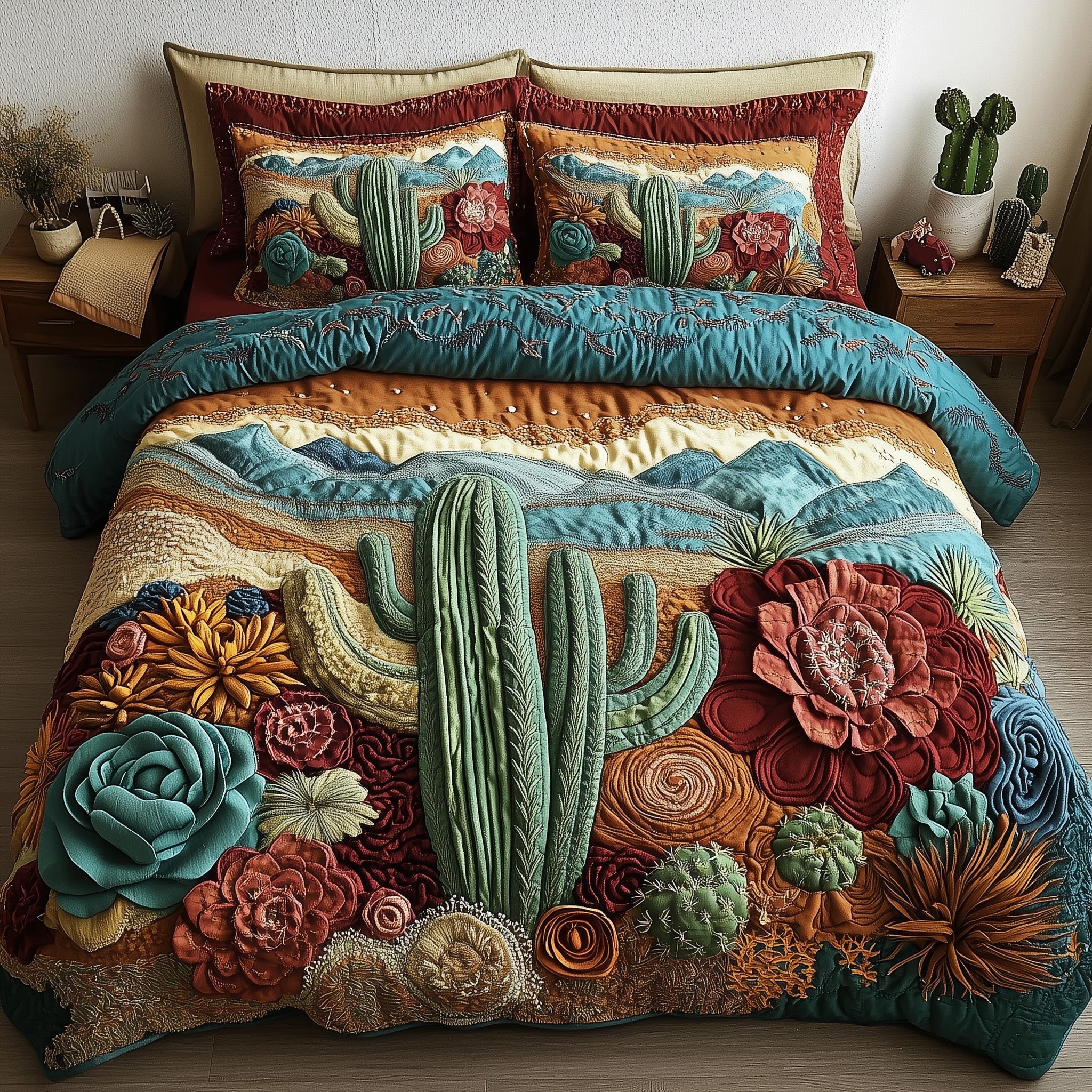 Boho Desert Bloom Quilted Bedding Set Duvet Cover Bedspread Cactus Housewarming Gift