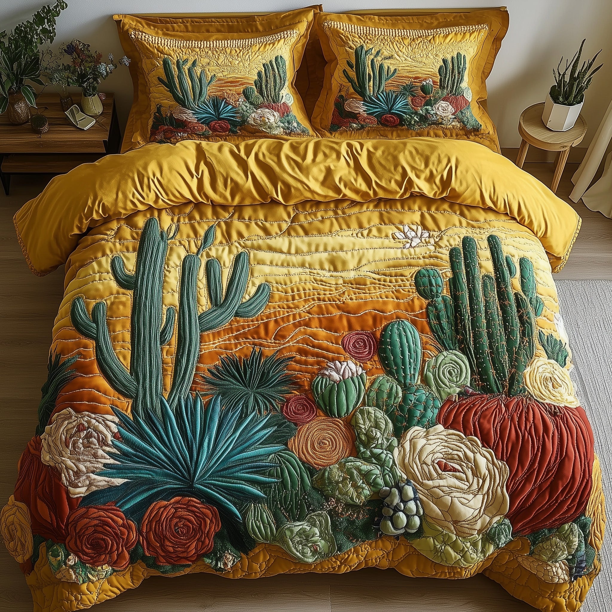 Boho Desert Bloom Quilted Bedding Set Duvet Cover Bedspread Cactus Inspired Gifts