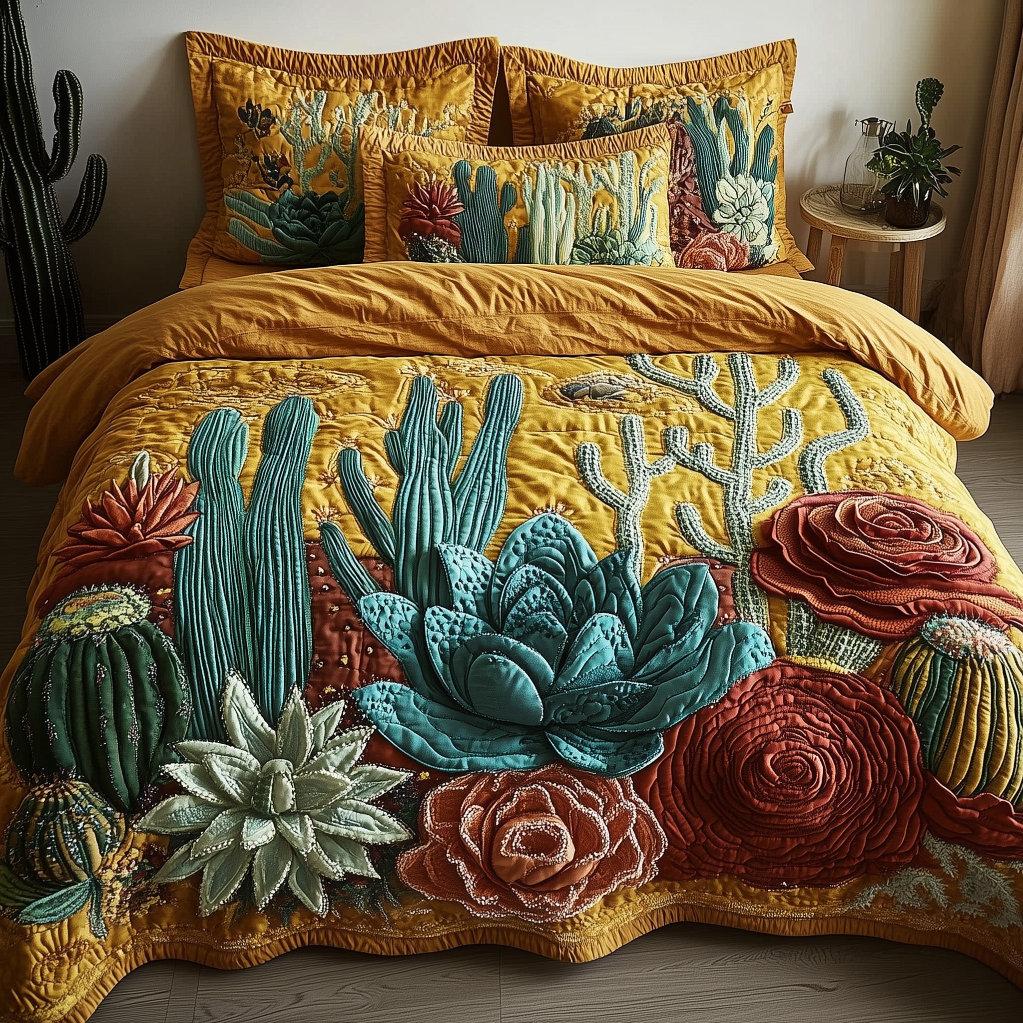 Boho Desert Bloom Quilted Bedding Set Duvet Cover Bedspread Cactus Related Gifts