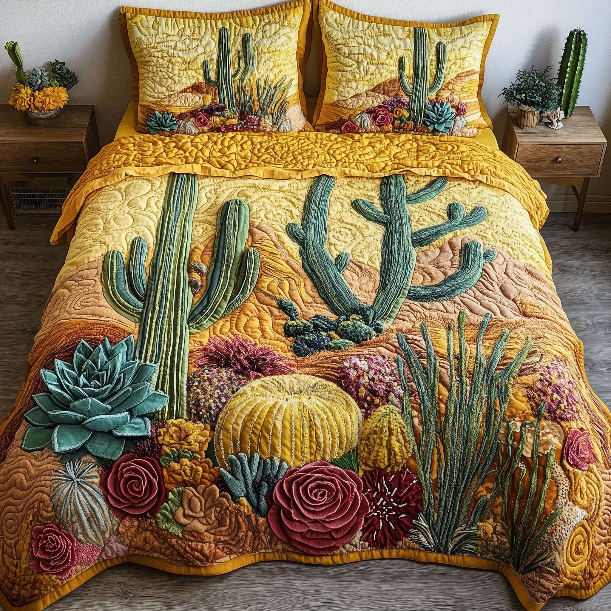 Boho Desert Bloom Quilted Bedding Set Duvet Cover Bedspread Cactus Theme Gifts