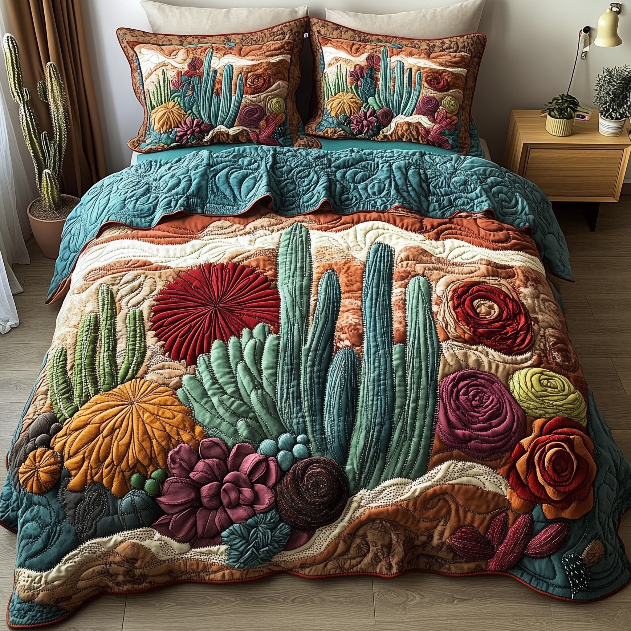 Boho Desert Bloom Quilted Bedding Set Duvet Cover Bedspread Cute Cactus Gifts